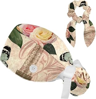 FVQL 2 Pieces Surgical Cap for Long Hair Scrub Cap with Hairband Nurse Cap, Paris Vintage Pattern