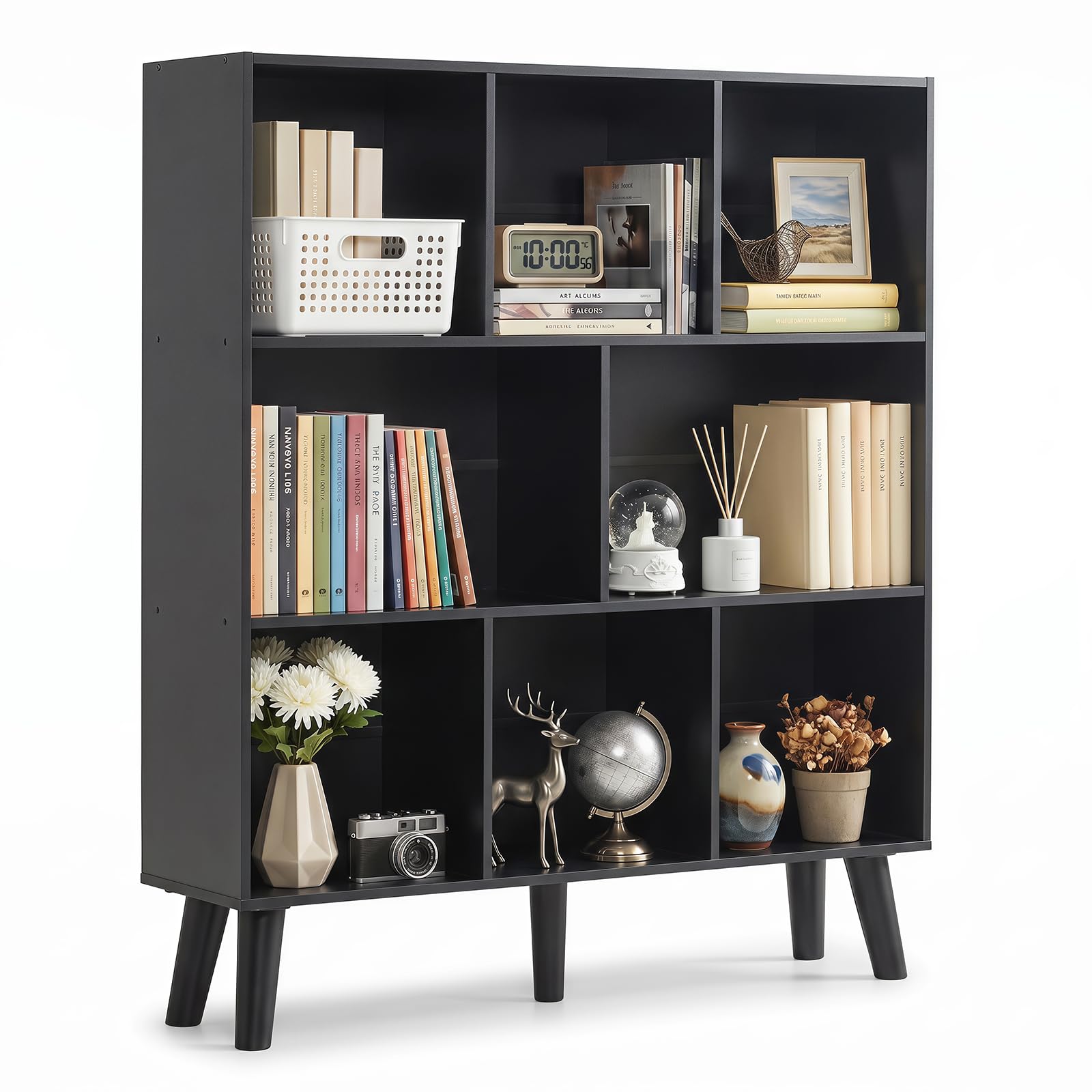 YAHARBO 8 Cube Bookshelf,3 Tier Bookcase with Legs,Black Mid-Century Modern Bookshelves,Large Free Standing Open Storage Organizer Shelf,Tall Wooden Book Case Furniture for Bedroom,Living Room,Office