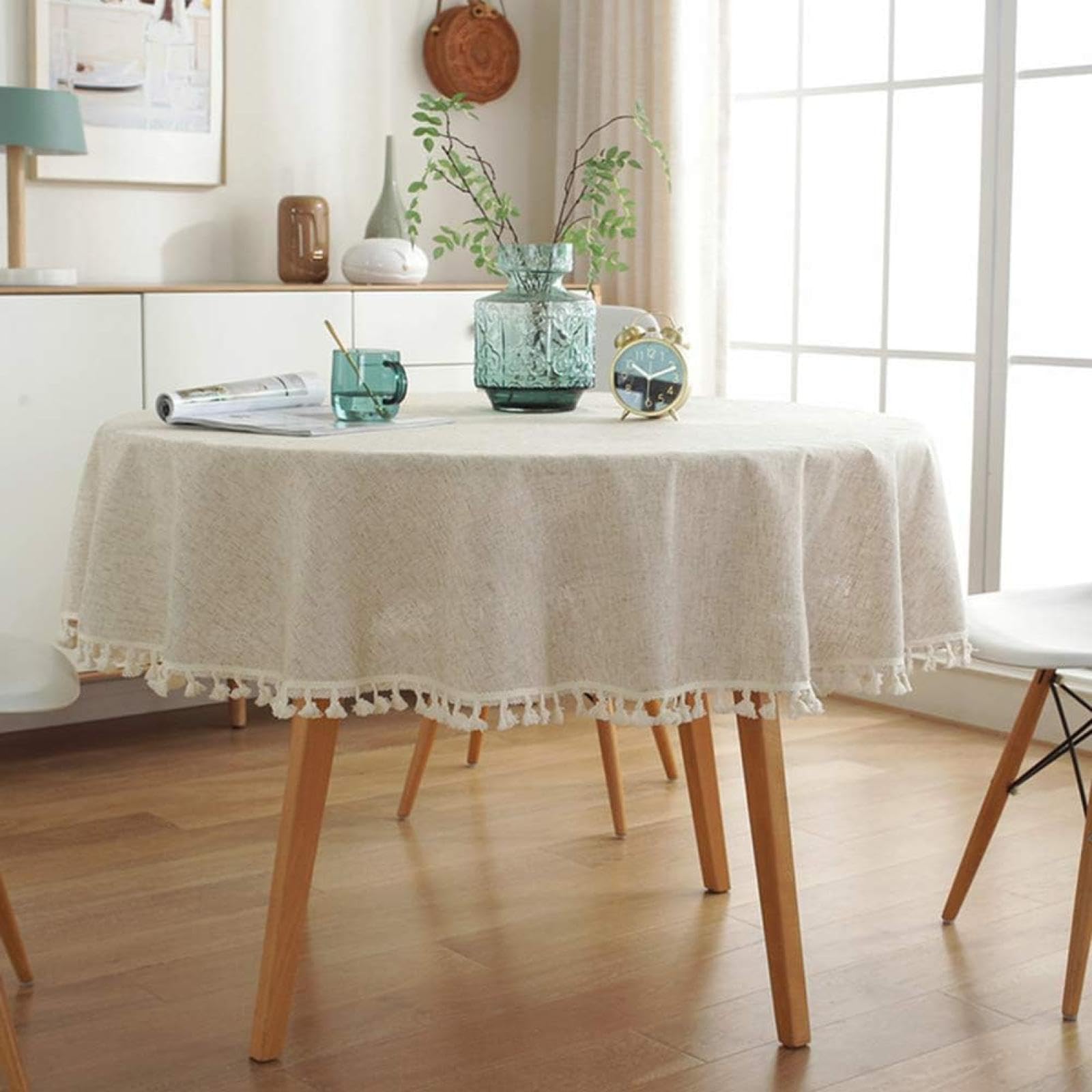 Runde Tischdecke aus Baumwollleinen, staubdicht, weich und knitterfrei im Bauernhausstil, mit Quasten für die Küche und das Esszimmer (rund 160 cm/neutral)