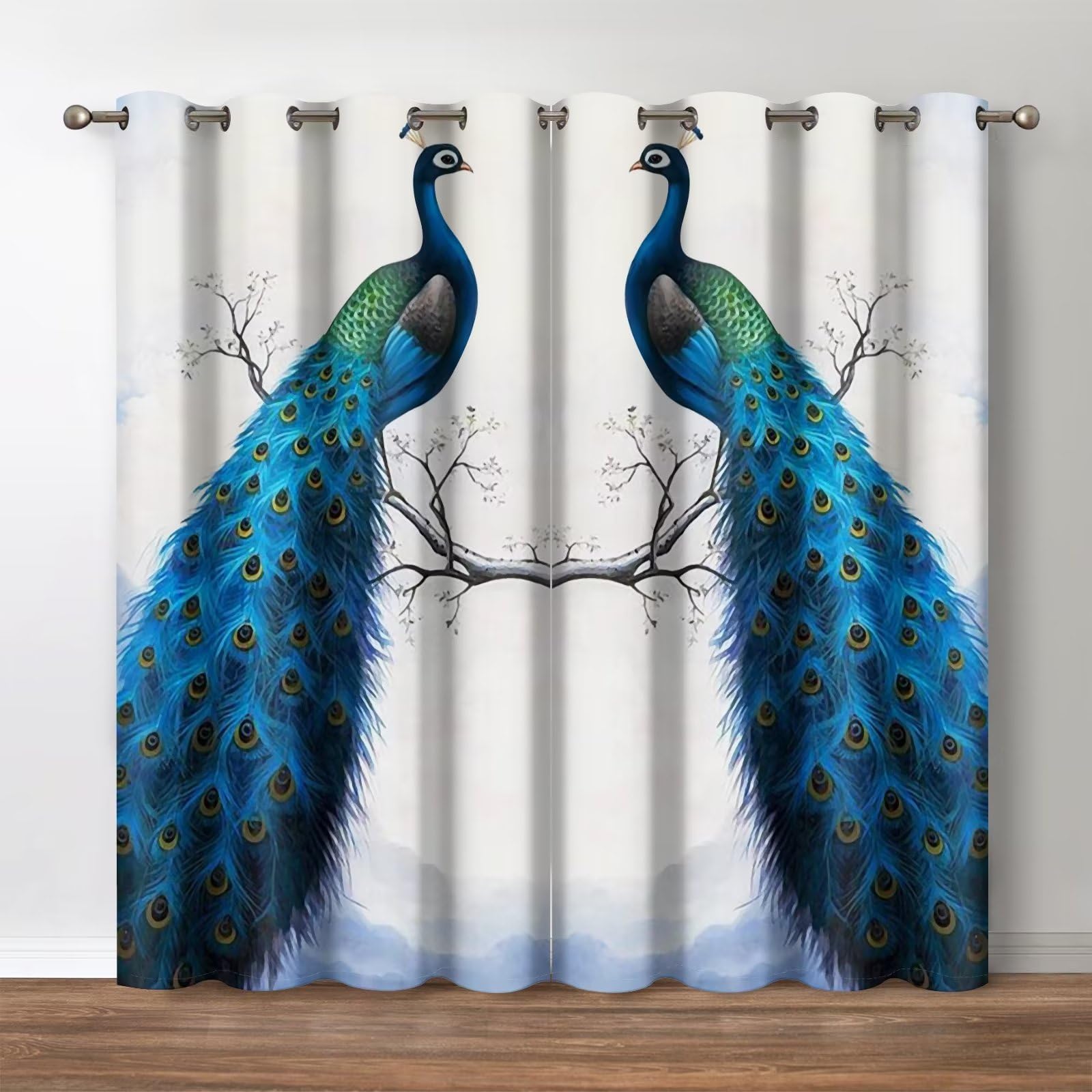 Jekeno Peacock Blackout Curtains, Retro Floral Elegant Decor, Vintage Moonlight Feather Flower Theme Grommet Window Drapes for Bedroom Living Room, 52 Wide 63 Long inches 2 Panels