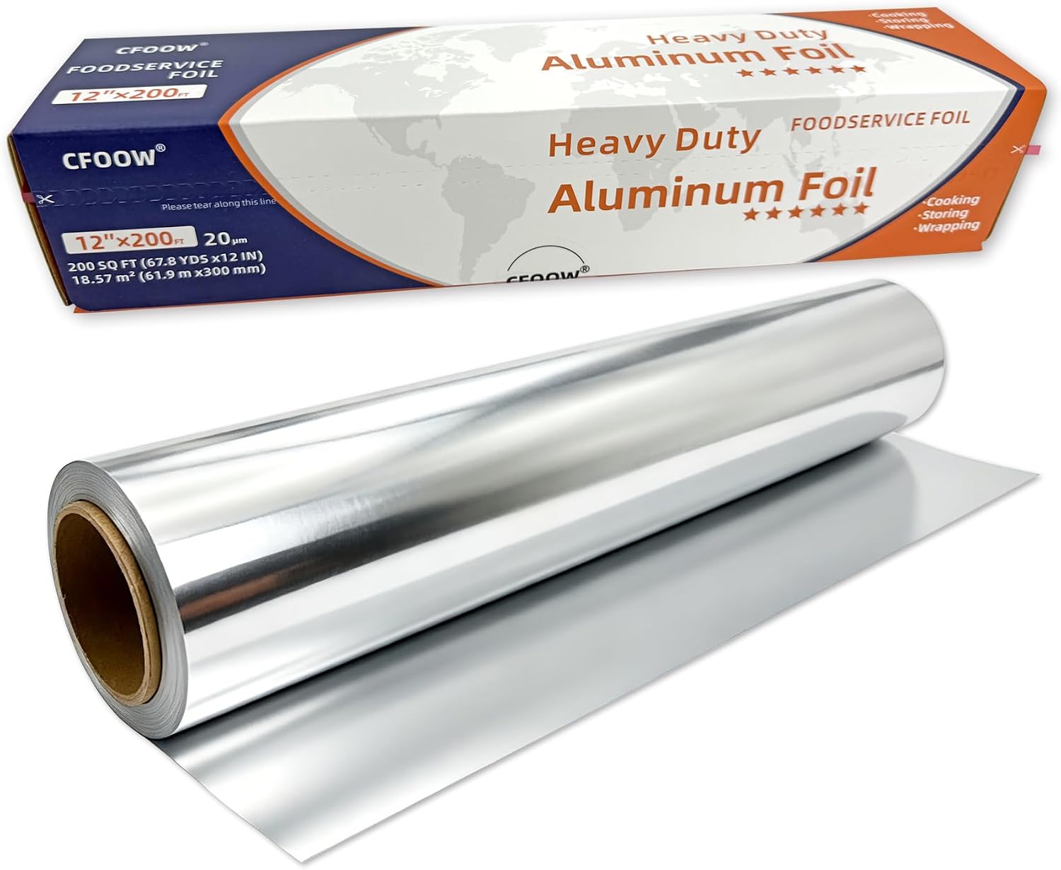 Heavy Duty Aluminum Foil, 20 μm Extra Thick, 12 in Wide, 200 sq ft Long Roll, Non-Stick, Tear-Resistant for Baking, Grilling, BBQ, Food Storage & Wrapping – Commercial Grade for Home & Kitchen