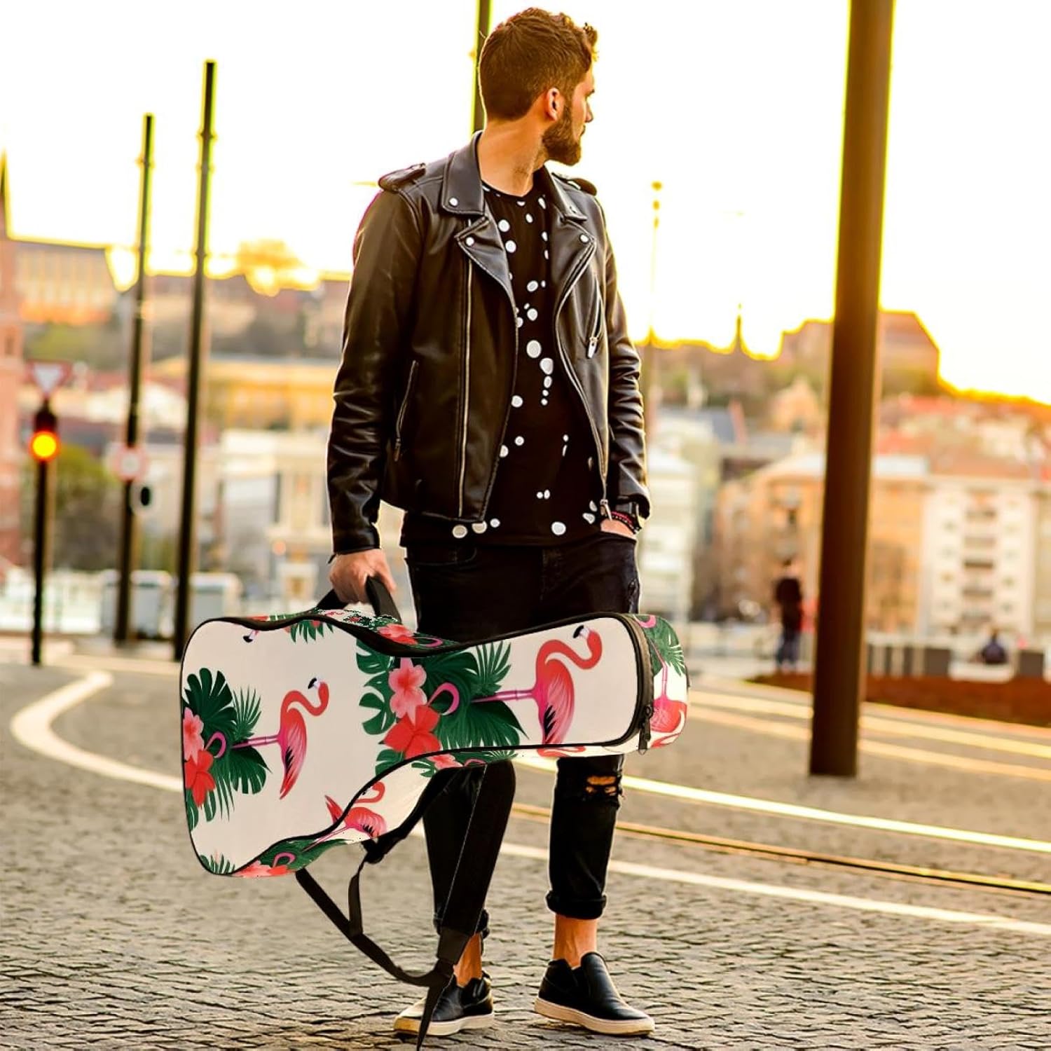 40/41/42-inch Flamingo Leaves Acoustic Guitar Bag With Adjustable Shoulder Strap And 2 Storage Bags. Guitar Bag With Back Hanging Loop, Electric, and Classical Guitars