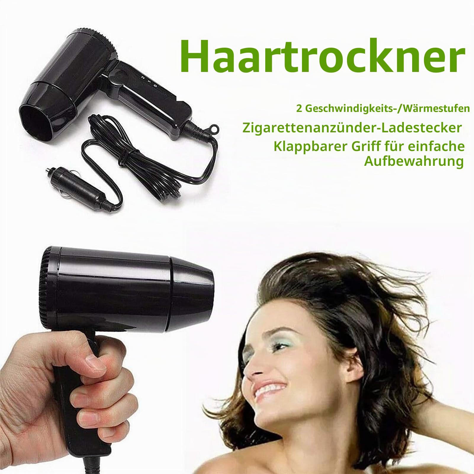 Auto-Föhn für Haare | 12V Auto Hot&Cold Klapp-Haartrockner,Haar-Styling-Werkzeug, Fön für Reise-Wohnmob, Auto, Cabriolet-Auto für Frauen und Männer