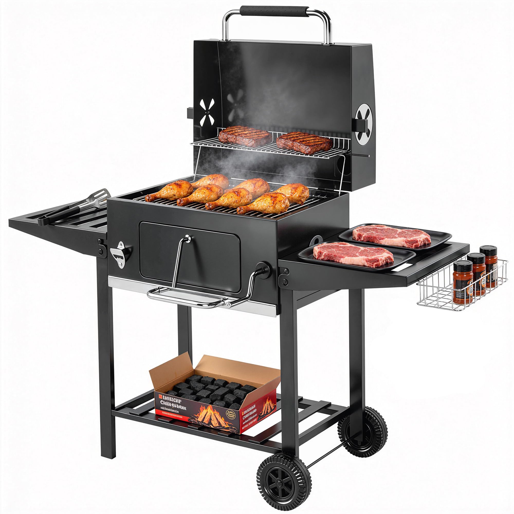 Outsunny Barbacoa de Carbón Portátil, Bandeja Ajustable, Tapa, Negro | Estantes Plegables, Termómetro, Chimenea, Ventilaciones, Cajón de Cenizas, Ruedas