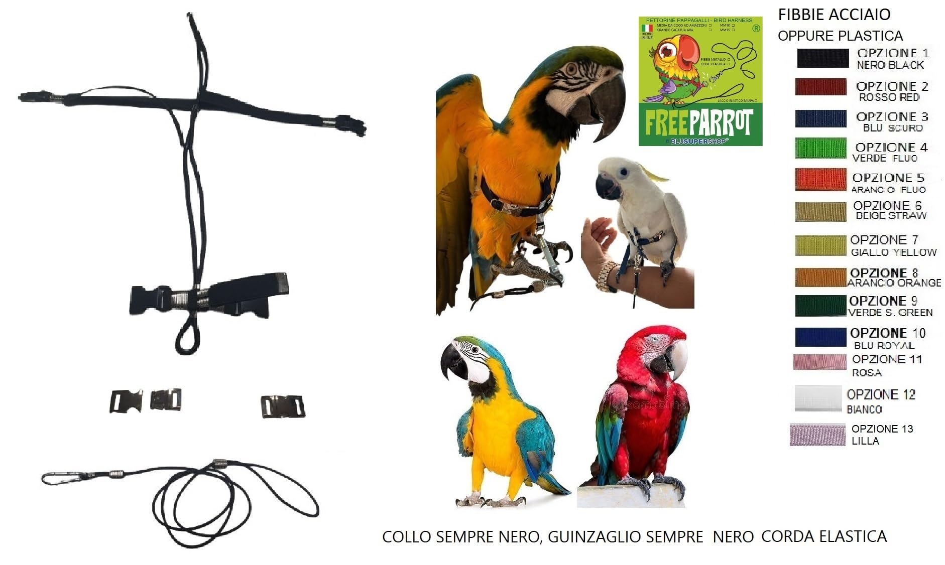 Pechera ajustable para loros, talla Buceo o cacatúa, elástico de 15 mm, 2 enganches de plástico o acero ajustables, cuello de 4 mm negro, correa de 4 mm negra PR (hebillas de metal)