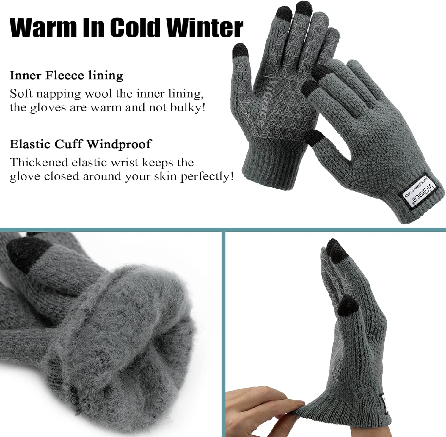 ViGrace Winter Warm Touchscreen Gloves for Men and Women Touch Screen Fleece Lined Knit Anti-Slip Wool Glove - Image 4
