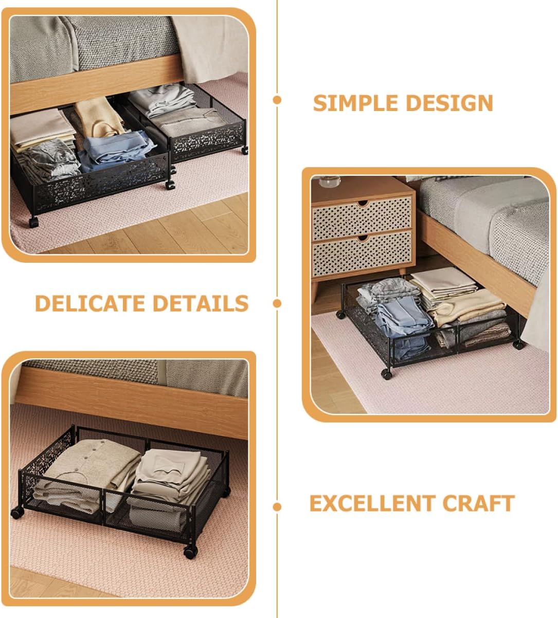 Bed Storage Rack Wheels Foldable Stainless Steel Organizer for Clothes and Blankets Easy to Move Storage for Spaces Black Pattern Design