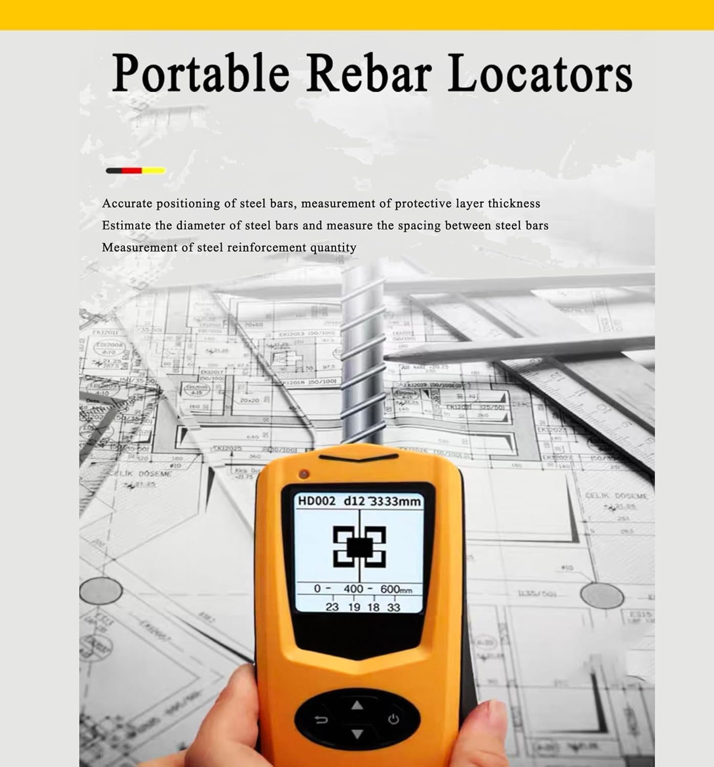 Rebar Locators Handheld Concrete Rebar Scanner Reinforcement Instrument with Diameter Measuring Range Φ6-50mm Location Range Φ1-120mm for Reinforcement Detector Position Determination