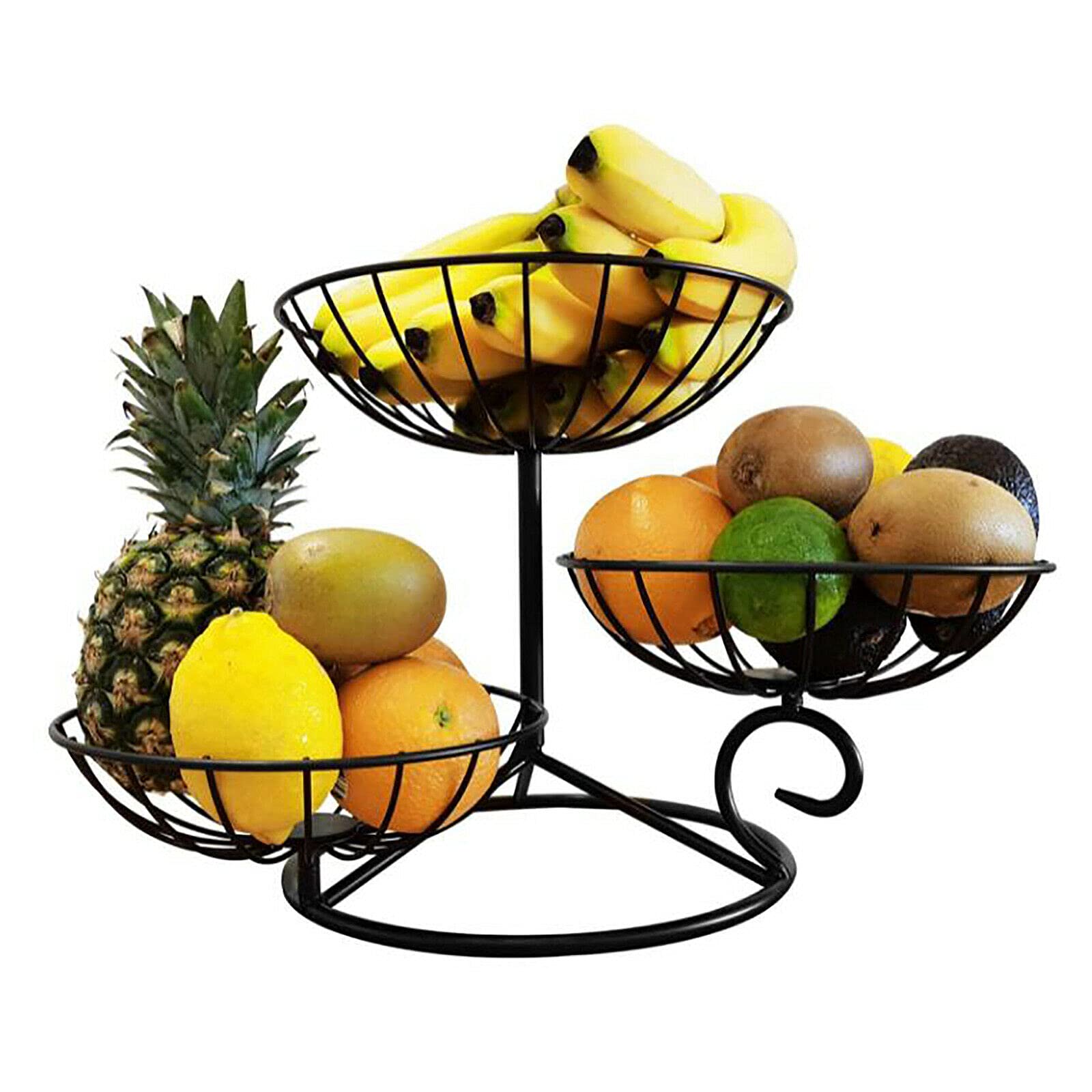 Fruitmand met 3 niveaus voor keukens, opslag van fruit en groenten, gelaagde fruitschaal, afneembaar metalen fruitrek, grote fruitstandaard, aanrecht brood groenterek (zwart