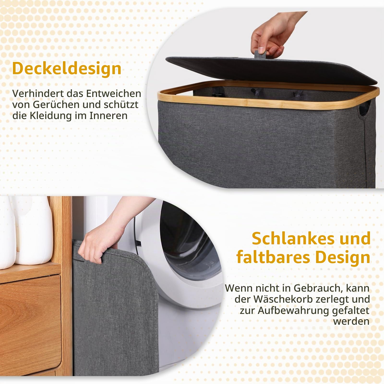 Wäschekorb 3 Fächer mit Deckel Grau, 160L herausnehmbaren Wäschesammler schmal mit Deckel 3 fächer, Wäschebox, Waschekorbsammler Wäschesortierer-pfandflaschen sammelbehälter