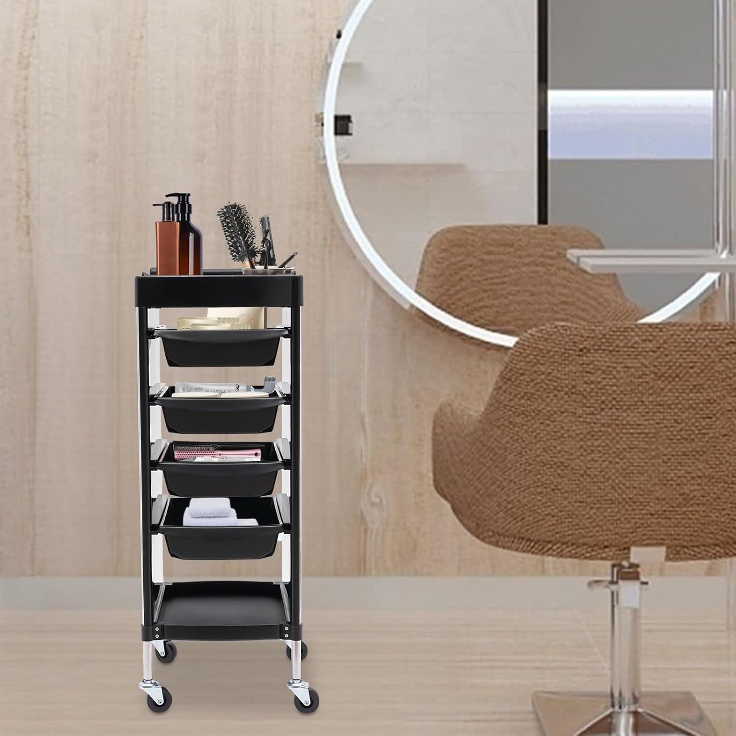 Salon Trolley, 6-Tier Multi-Functional Salon Trolley Cart, Beauty Cart, Hair Cart with Wheels,for Extra Storage,Space Saving Salon Cart (Black)