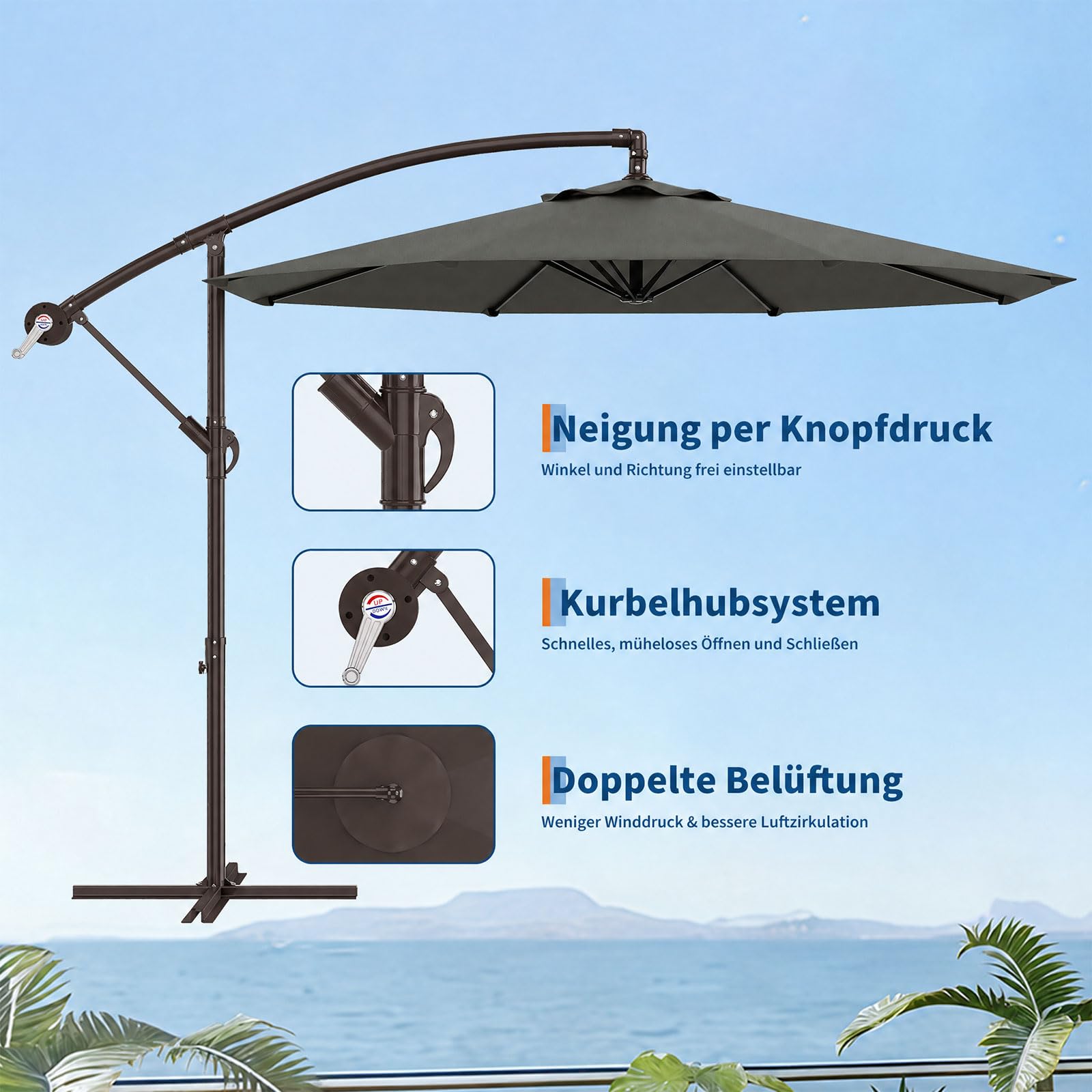 GarveeLife Sonnenschirm Ø300cm Ampelschirm 360° drehbar Gartenschirm mit Kurbel UV-Schutz UPF 50+ Wasserabweisender Gartenschirm mit Schutzhülle und Ständer für Terrasse Balkon