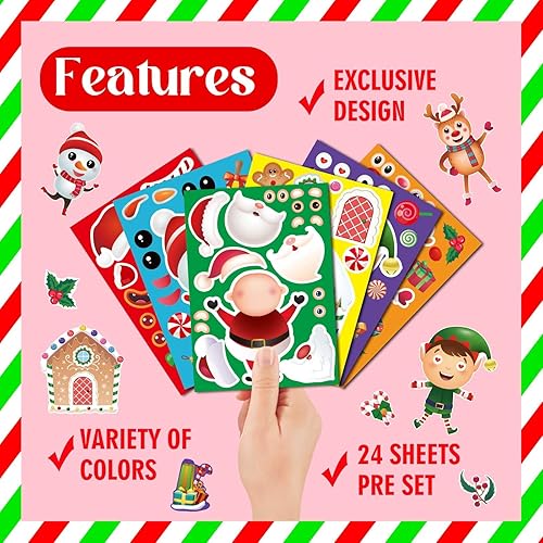 Miniatura 5 de 30 hojas de calcomanías de Navidad para niños, calcomanías de Navidad para hacer tu propio hombre de jengibre, muñeco de nieve, Papá Noel, reno,