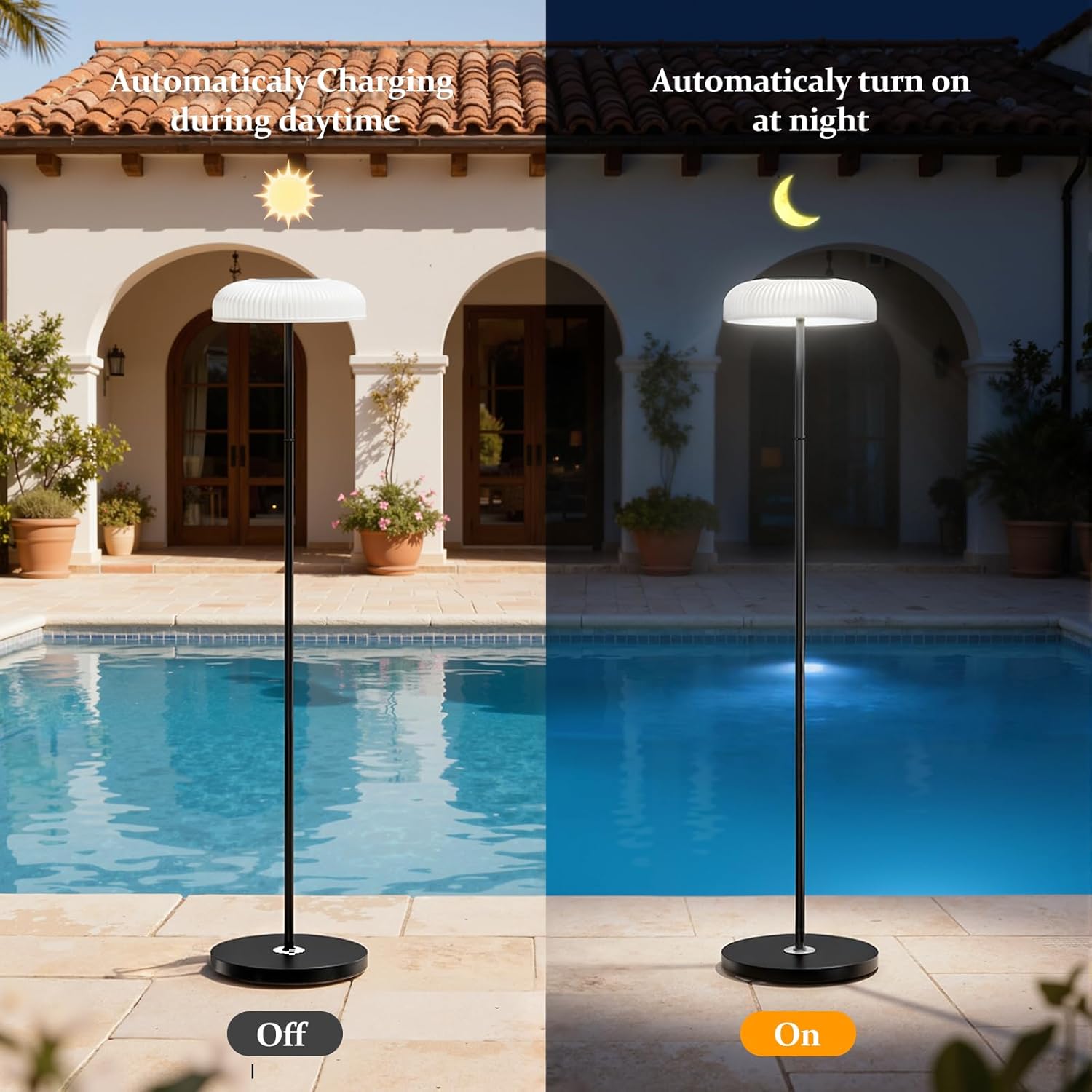 M KARMATER Solar Outdoor Floor Lamp for Patio,IP65 Waterproof Cordless Standing Lamp with Remote Control & Touch Sensor, Tall Rechargeable Ambient Light for Porch Garden & Living Room,Warm/White,USB-C