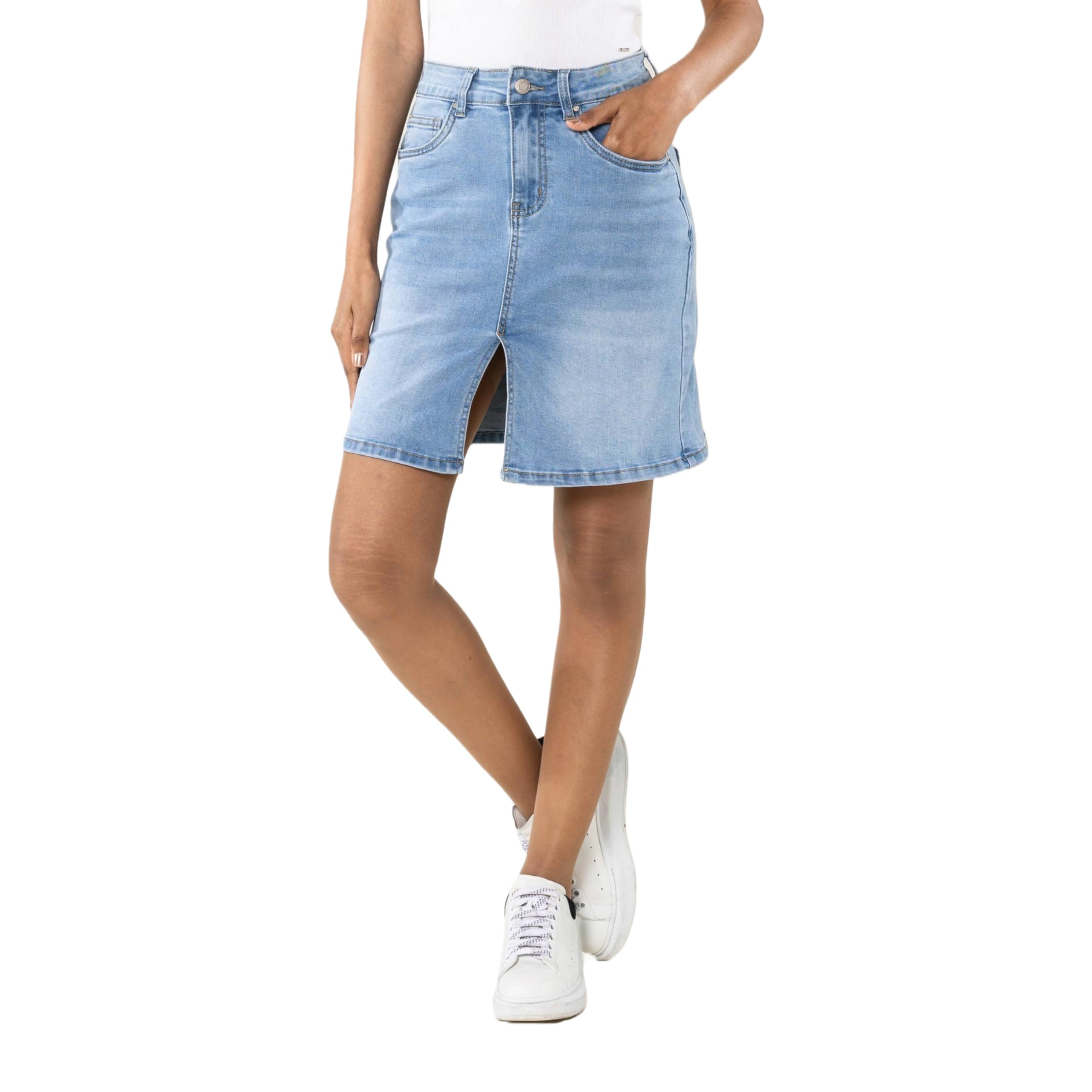 Nina Carter P213 Jupe courte en jean pour femme avec fente avant et fermeture éclair Aspect usé