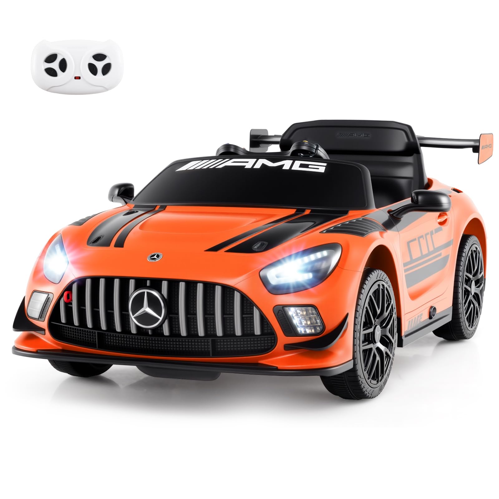 COSTWAY 12V Kids Ride on Car, Licensed Mercedes-AMG GT3 Electric Toy Vehicle with Remote Control, 3 Speeds, LED Lights, Music, Wireless, Transport Wheels, for Boys Girls Ages 3+ (Orange)