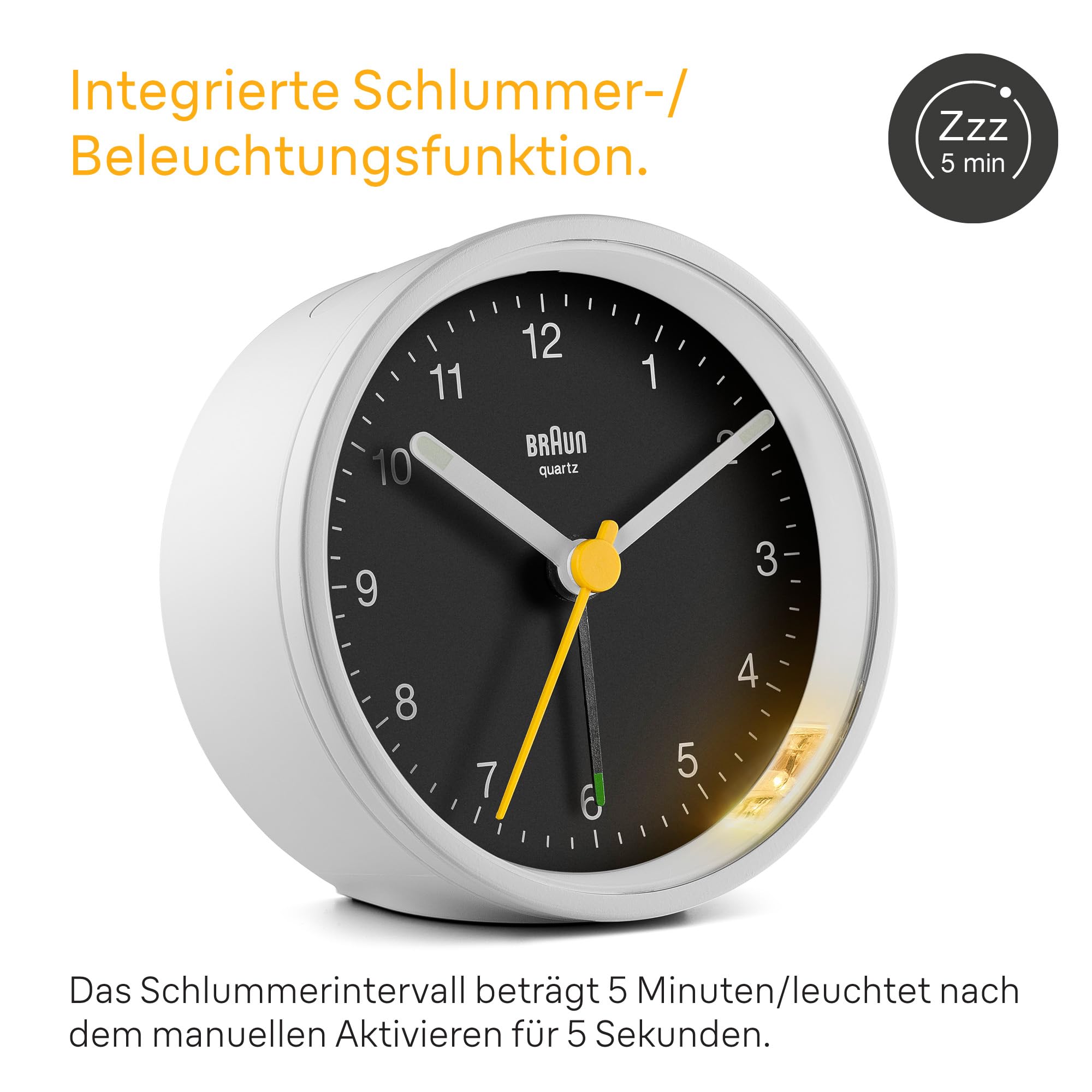 Braun Klassischer analoger Wecker Schlummerfunktion und Licht, ruhiges Quarzuhrwerk, Crescendo-Alarm in Weiß und Schwarz, Modell BC12WB.