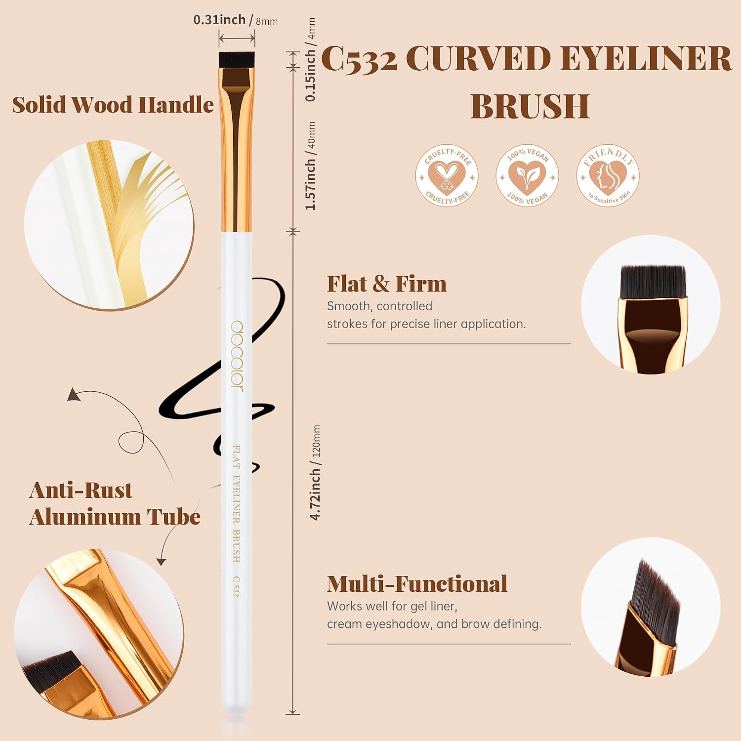 docolor 5Pcs Eyeliner Brush Set – Angled Eyeliner Brush, Ultra Thin Fine Point & Flat Slanted Brushes, Wooden Handle Premium Cruelty Free Synthetic Bristles for Gel, Powder, Cream Eye Makeup