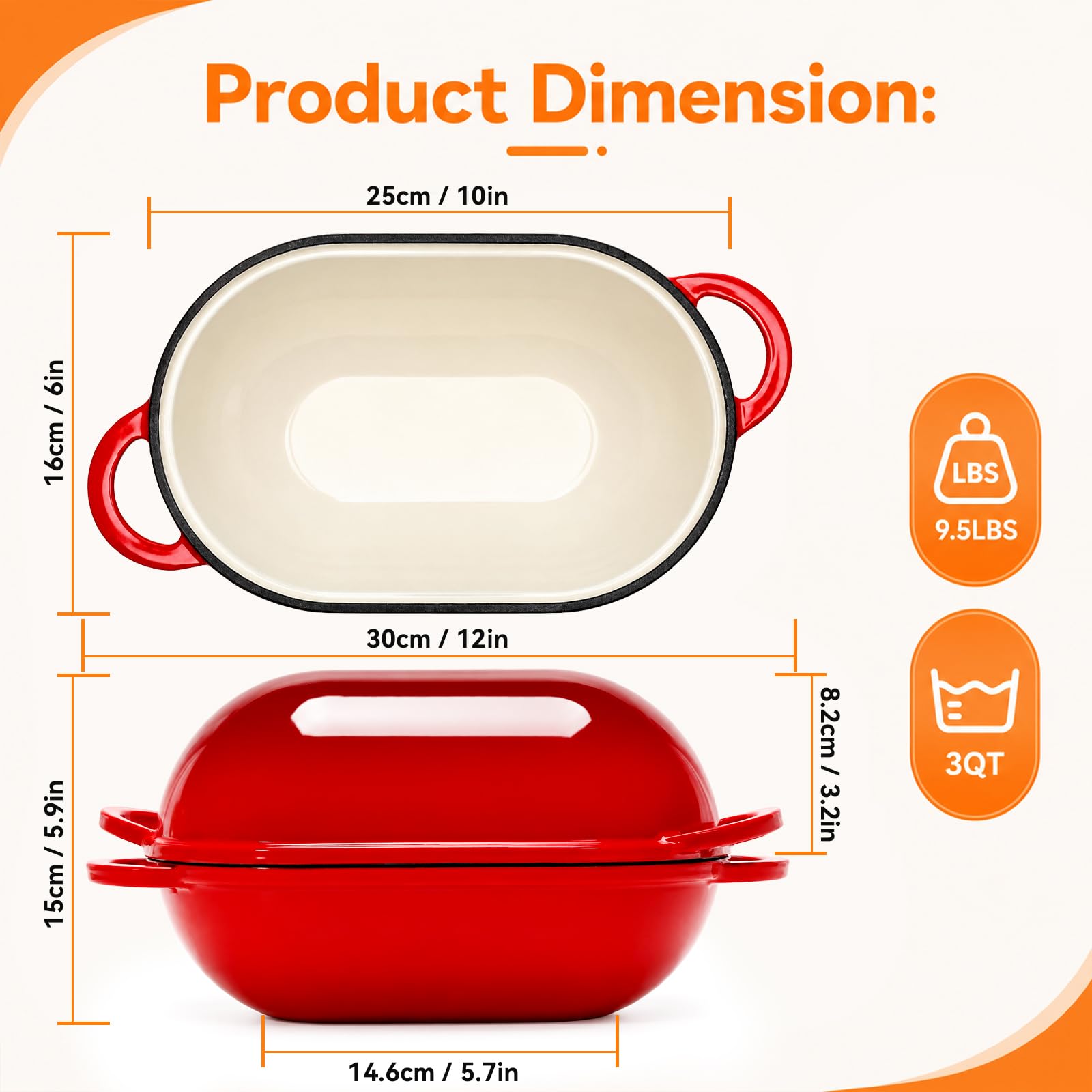 NZQXJXZ Olla de hierro fundido de 2,85 L con tapa - Olla esmaltada de 23 cm apta para inducción y horno, distribución uniforme del calor, fácil de limpiar