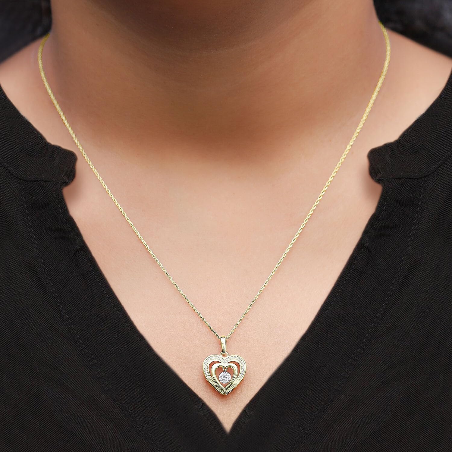 Pendant Necklace For Women Dancing Round Cut Lab Created Moissanite Heart Necklace In 14K Gold Plated Sterling Jewelry With 18 Inch Chain 0.30 Cttw - Image 3