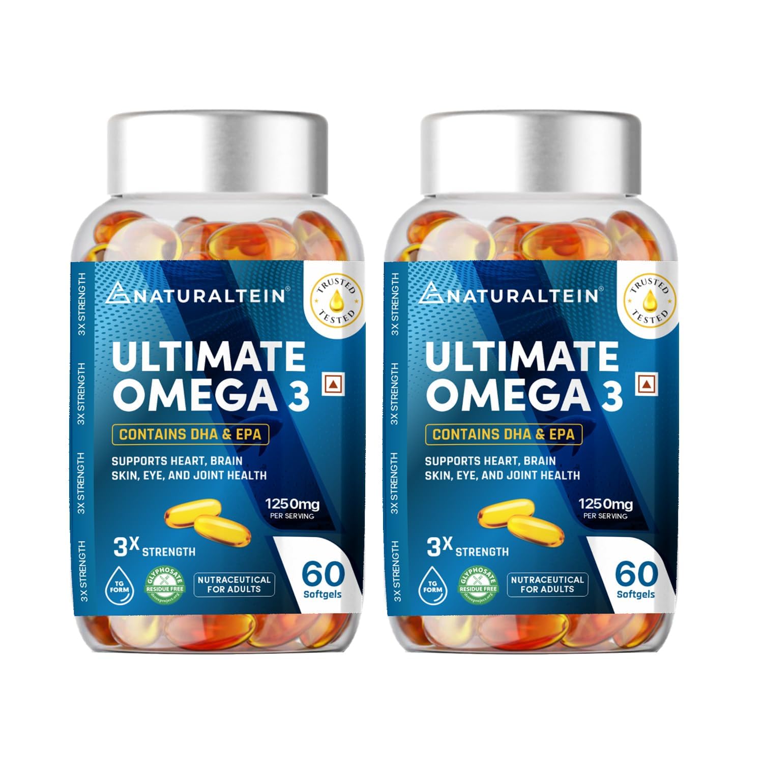 NATURALTEIN Omega-3 Fish Oil 1250mg Triple Strength | 450mg EPA & 300mg DHA in Triglyceride Form | Supports Heart, Brain, Eye & Joint Health | Glyphosate-Free | 60 Softgels (Pack of 2)