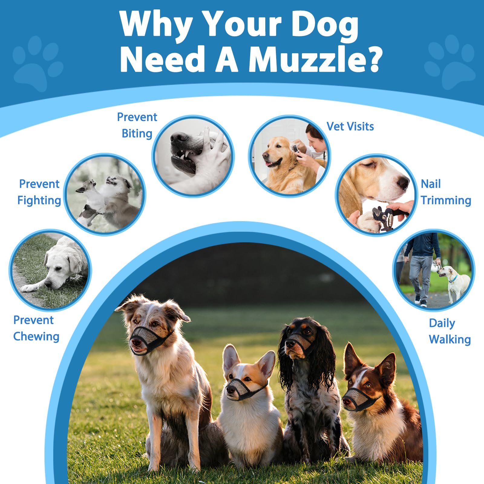 Lot de 7 muselières pour chiens de petite, moyenne et grande taille, muselière en maille pour chiens anti-morsure, mastication, aboiement, ensemble de muselière respirante avec sangle réglable pour le