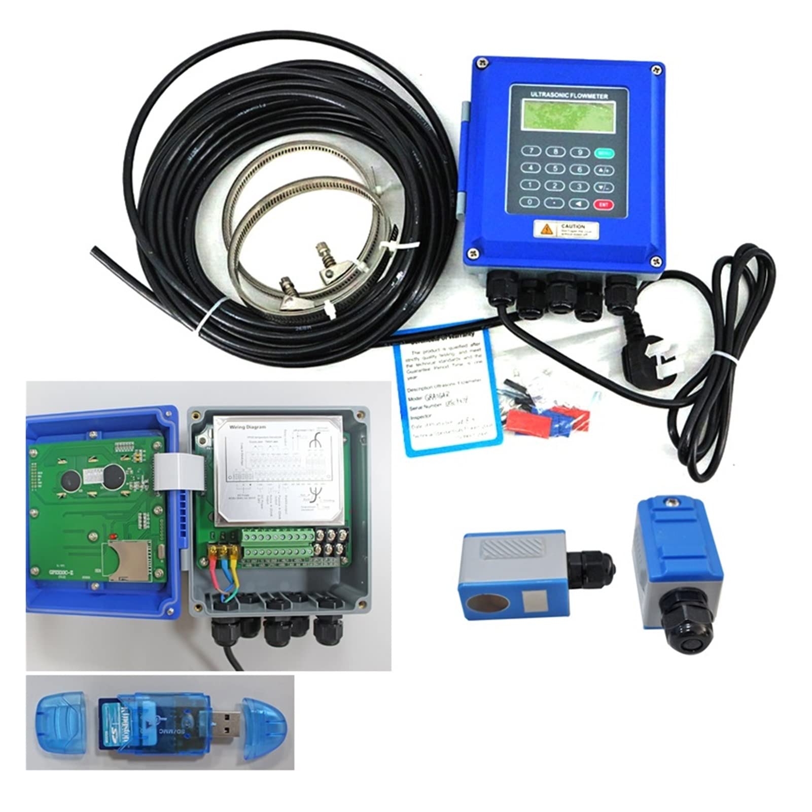 MKHJKIOII Digital Flow Meter TUF-2000B Wall Mounted Water Flow Meter Transducer Optional SD Storage Clamp Sensor Digital Liquid Ultrasonic Flowmeter Water Fuel Air Gas(Host plus SD TS-2)