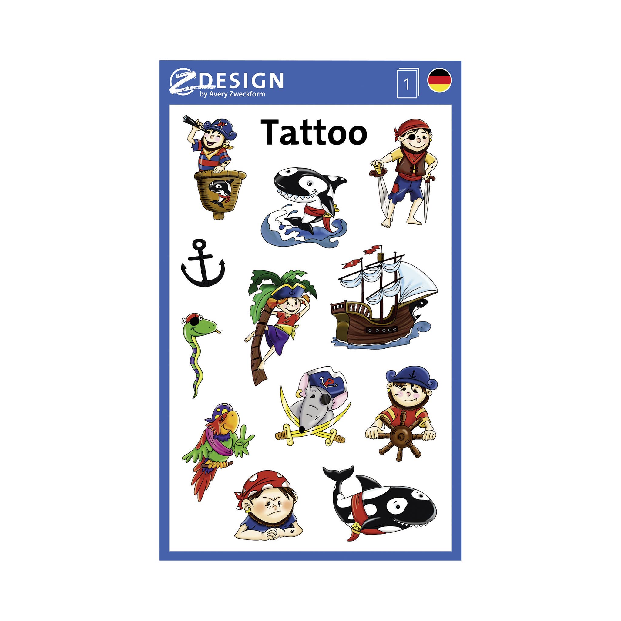AVERY Zweckform 56683 Children's Tattoo Pack of 12 (Temporary Tattoos Pirates, Children's Tattoos, Waterproof, Adhesive Tattoos, Children's Birthday, Party Bags, Prizes, Children to Play, Tattoo Boys)