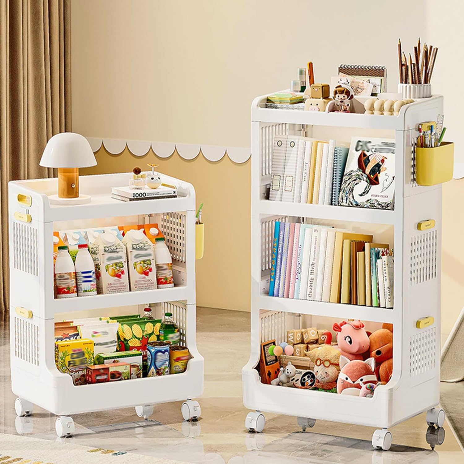 Rolling Bookshelf with Shelves and Wheels, Movable, Foldable, and Stackable, Suitable for Study, Living Room, Office, and Bathroom Beige 3tier-B