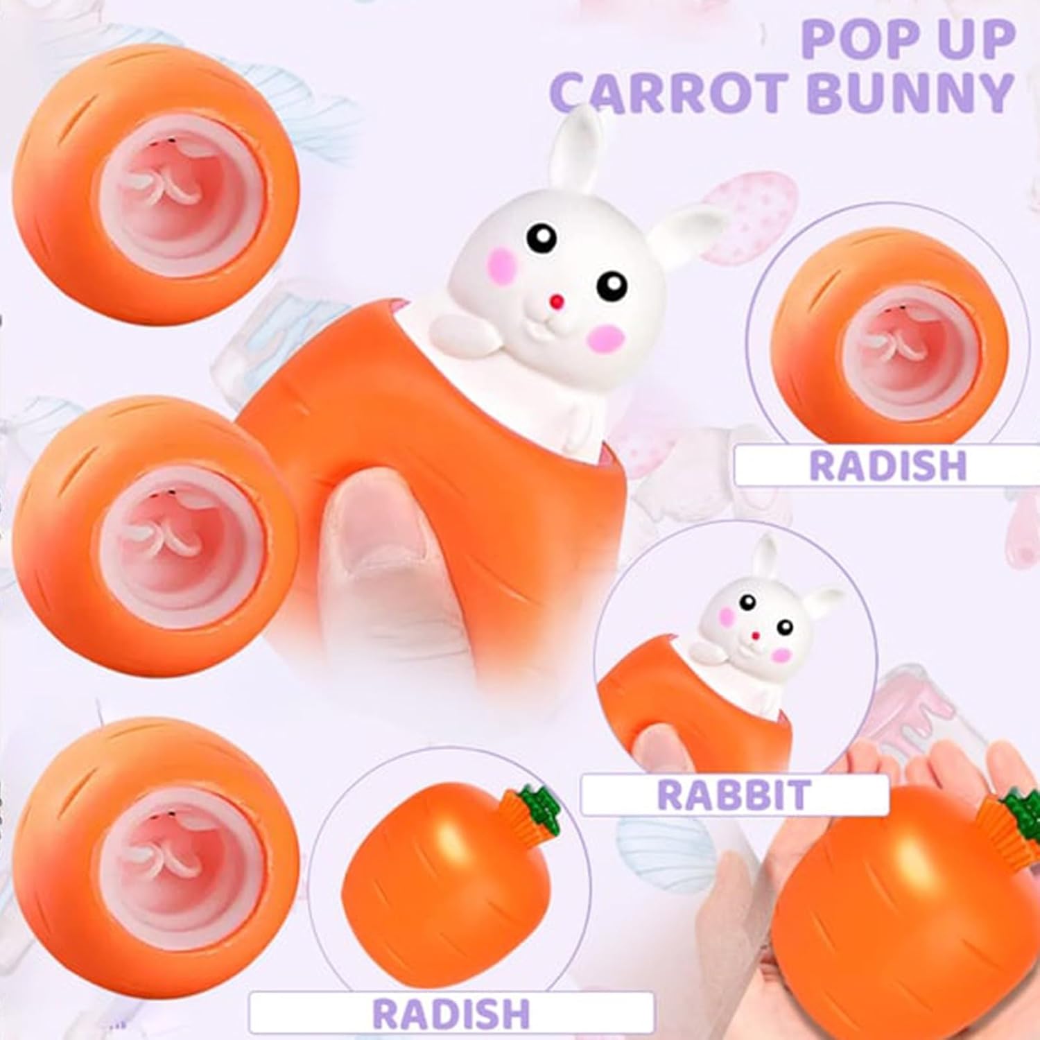 Easter Basket Squeeze Toy, Pop Up Carrot Bunny, Pop Up Toy for Easter Basket Stuffers, Handmade Rabbit, Squishes Carrot Rabbit Funny Novelty Toy, Carrot Rabbit Squeeze Toys