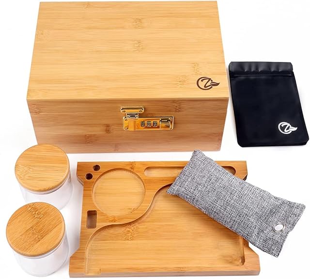 OZCHIN Large Bamboo Storage Box with Lock - Decorative box for Home Locking Bamboo Box with Glass Jar, Tray