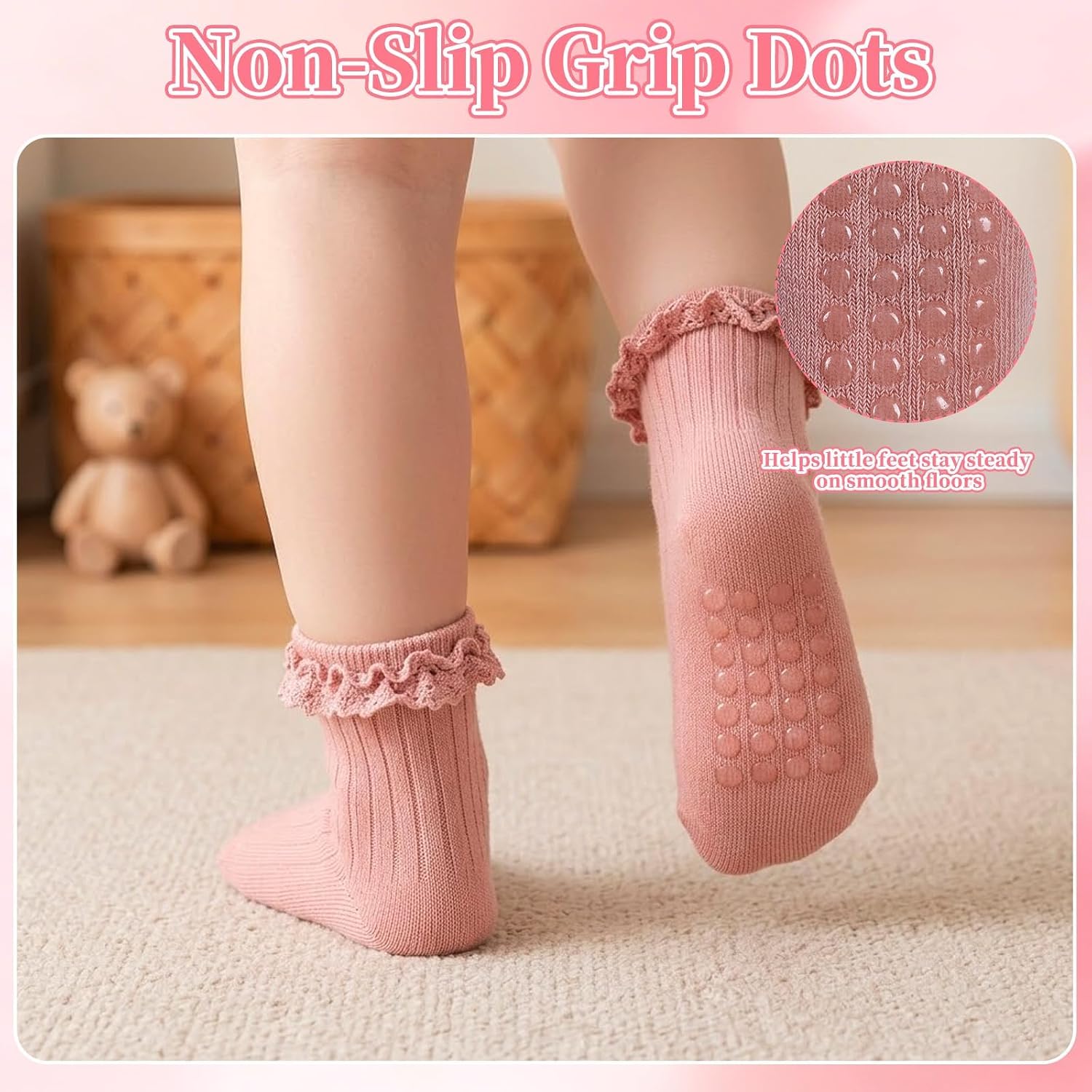 8 Pairs Baby Girl Grip Socks, White Toddler Socks with Ruffle Cuff, Non Slip Ankle Socks for Infant Toddler Girls