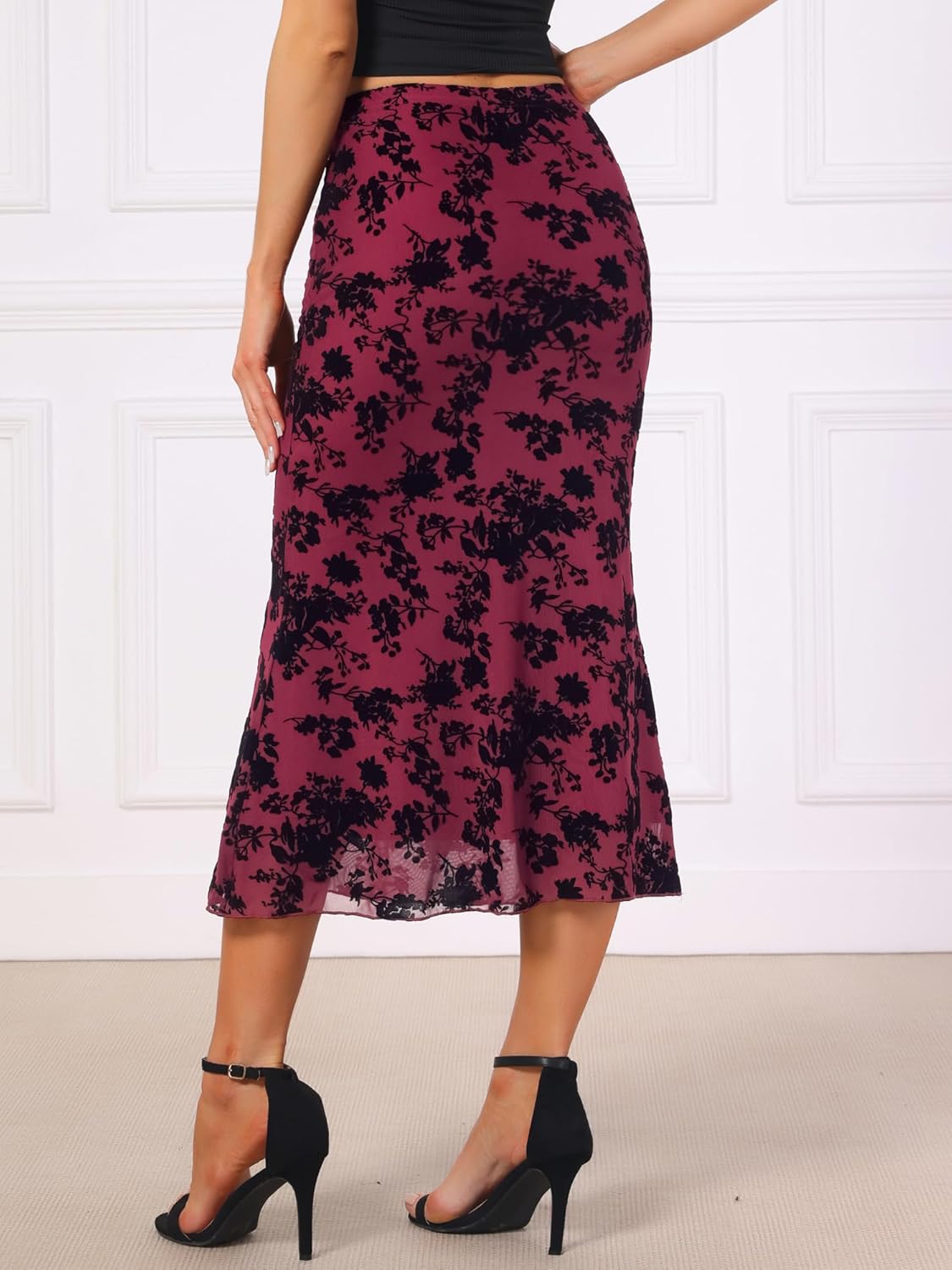 Allegra K Mesh Fishtail Skirt for Women Floral High Waist 2025 Fall Winter Bodycon Y2K Witchy Midi Skirts - Image 2