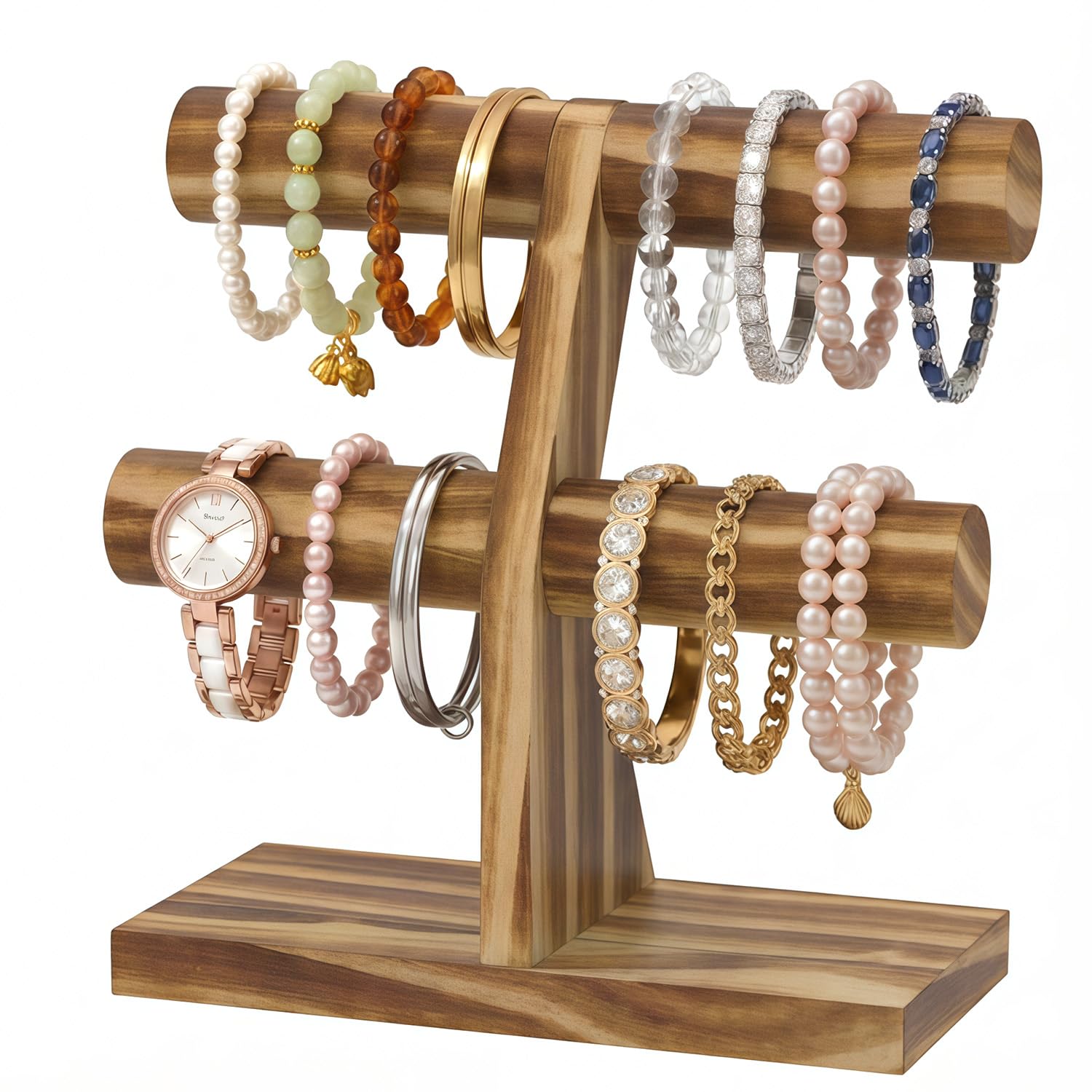 MODOWEY Bracelet Holder Organizer Display Wooden T Bar Stand, 2 Tier Rustic