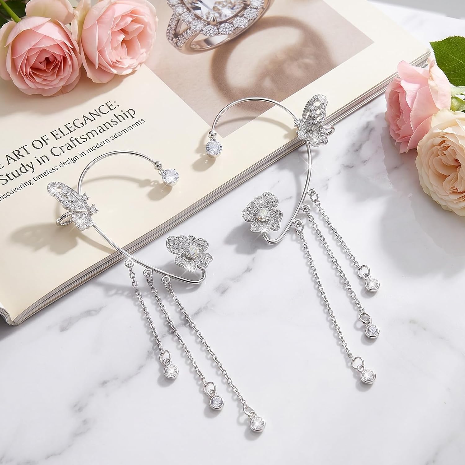 2PCS Butterfly Ear Cuffs Wraps, No Piercing Dainty Silver Rhinestone Butterfly Flower Tassel Earrings, Climber Wrap Earrings for Women, Rhinestone Ear Clips for Women Party Bridal Wedding Jewelry