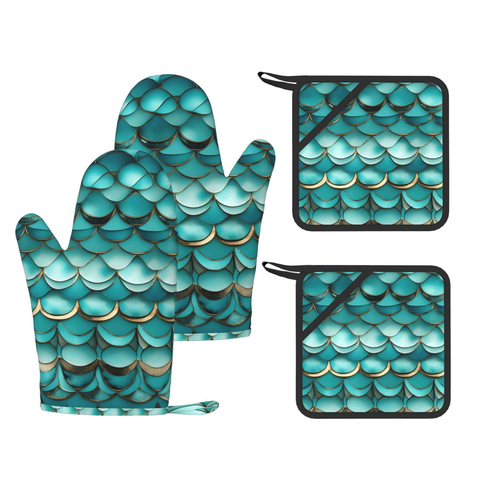 Mermaid Teal Fish Scale Printed Kitchen Set with Heat Resistant Oven Gloves & Non-Slip Pot Holders for Daily Cooking
