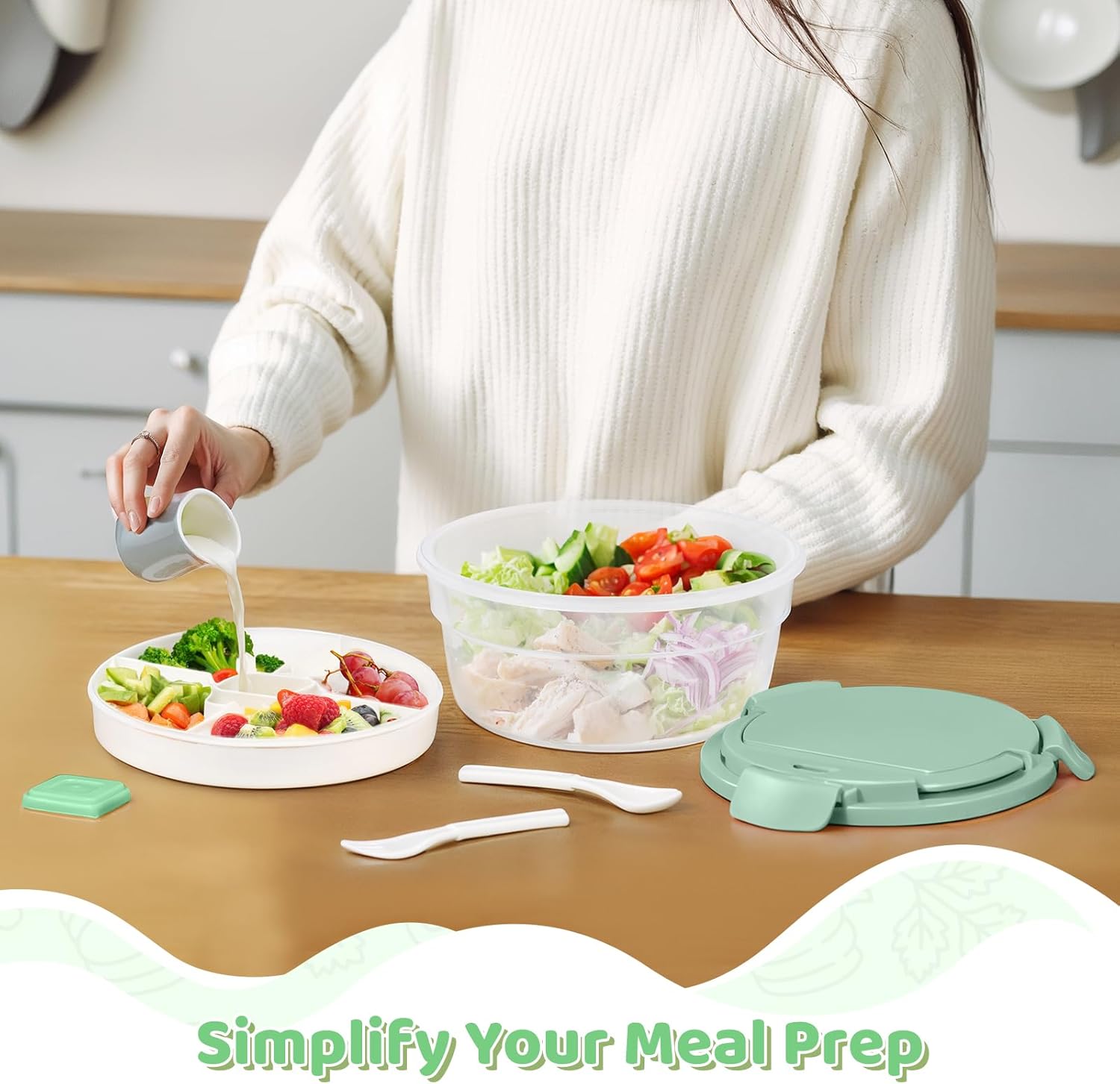 JSLOVE Salad Container for Lunch 58oz, Bento Box Adult with 4 Compartments, Leakproof Large BPA-Free Bento Bowl with Lid for Adults - with Ice Pack & Dressing Cup for Meal Prep, Work, School - Image 7