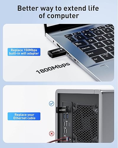 USB WiFi Adapter for PC Desktop - WiFi 6 AX1800Mbps 5GHz 2.4GHz USB 3.0 Wireless Wi-Fi Network Adapter for Desktop Computer Laptop with High Gain Wi-Fi Antenna Supports Win11/10(Black)