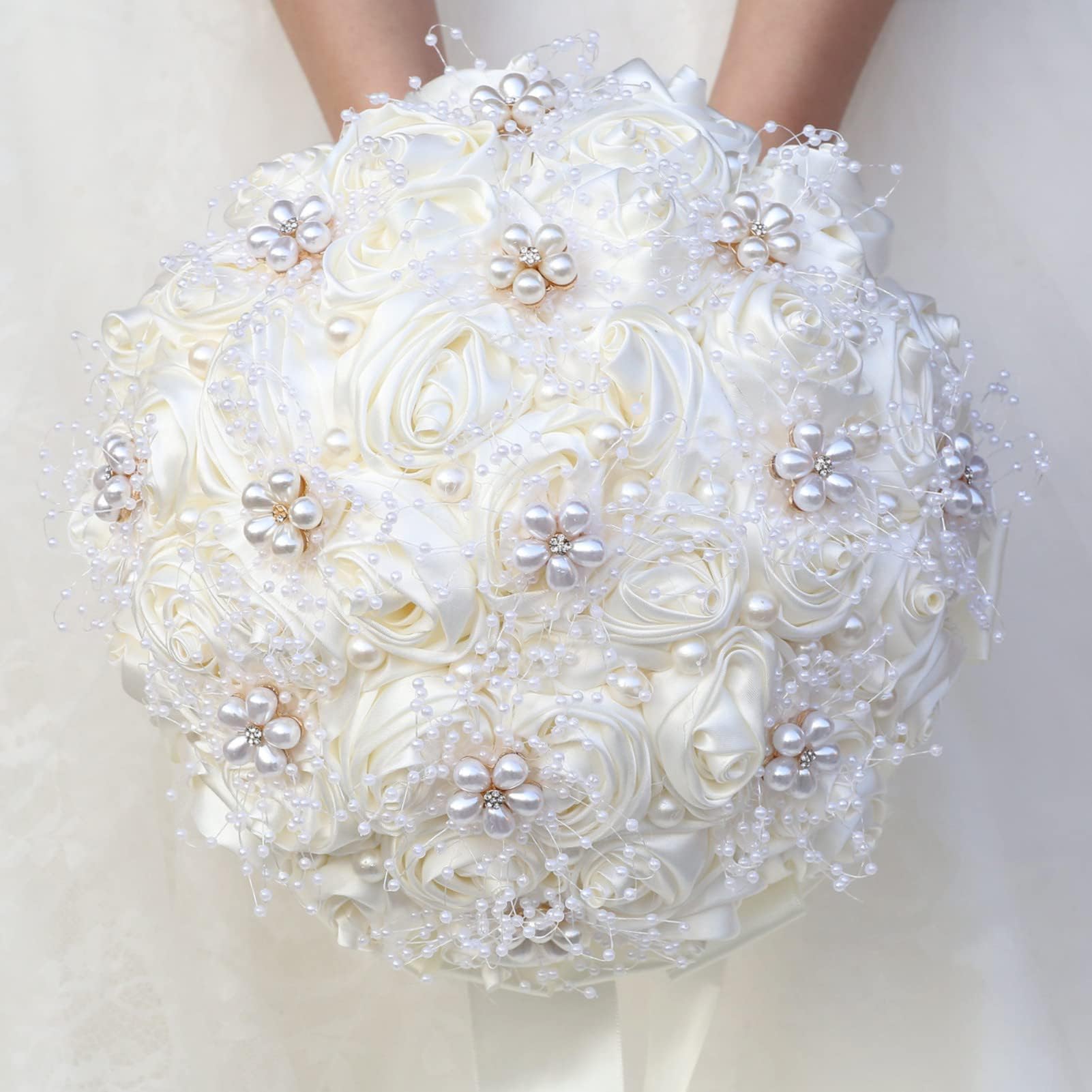 KOCNYDEY Wedding Bridal Bouquet - Crystal Diamond Silk Rose Artificial Flowers For Bride & Bridesmaids (White, 7" Head)