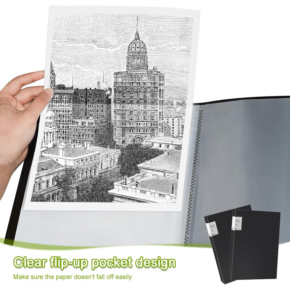 A3 Display Book Project Folder, 60 Pockets Presentation Portfolio Folders, A3 Report Document File Organiser Holder for Documents Certificates Receipts - Black - Image 4