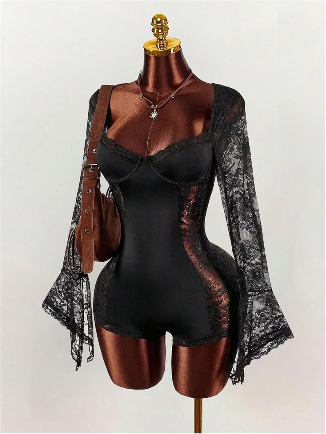 Floerns Women's Y2k Lace Flare Sleeve Bodysuit Sweetheart Neck One Piece Date Night Rompers
