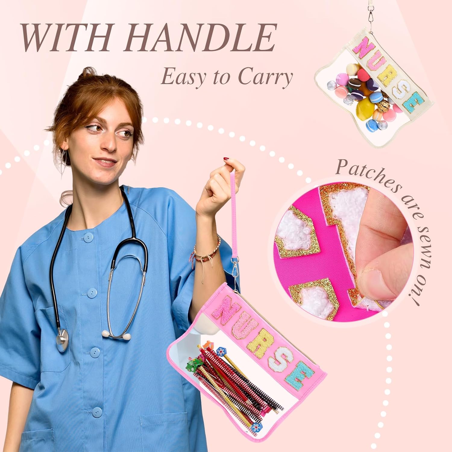 Kacctyen 6 Pcs Nurse Bags Chenille Letter Clear Makeup Bag with Zipper Waterproof Cosmetic Toiletry Pouch with Handle Gym Travel Summer Gifts for Girls Women Nurse (Multicolor, Nurse) - Image 3