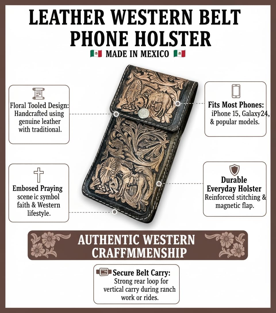 Western Leather Phone Holster – Made in Mexico – Floral Tooled Design with Embossed Cowboy Praying at Cross – Fits iPhone & Samsung – Belt Loop Holder