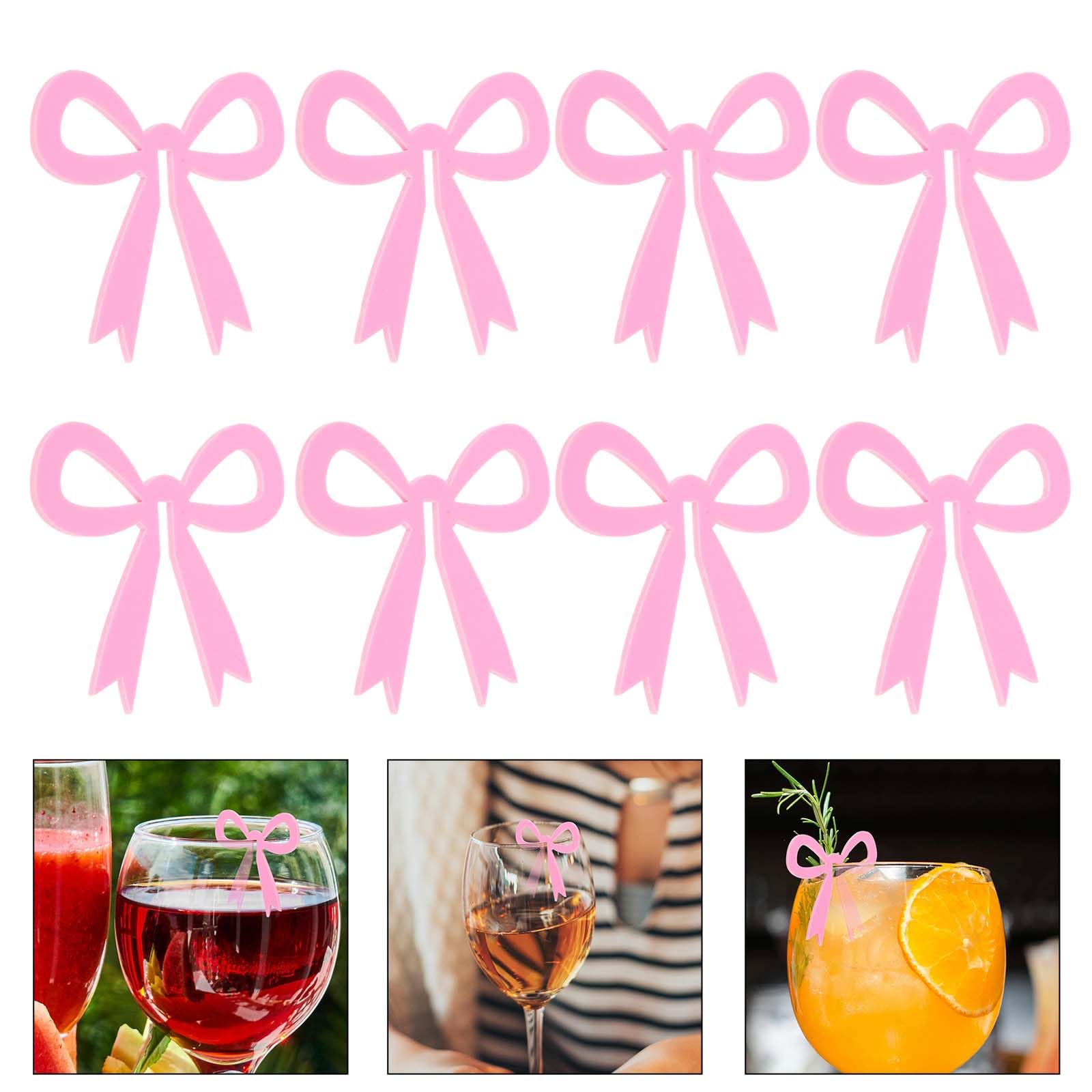 LUOZZY 12 Pcs Acrylic Bow Wine Glass Charms Reusable Delicate Drink Markers for Wedding Birthday Party Celebration Decorations Pink