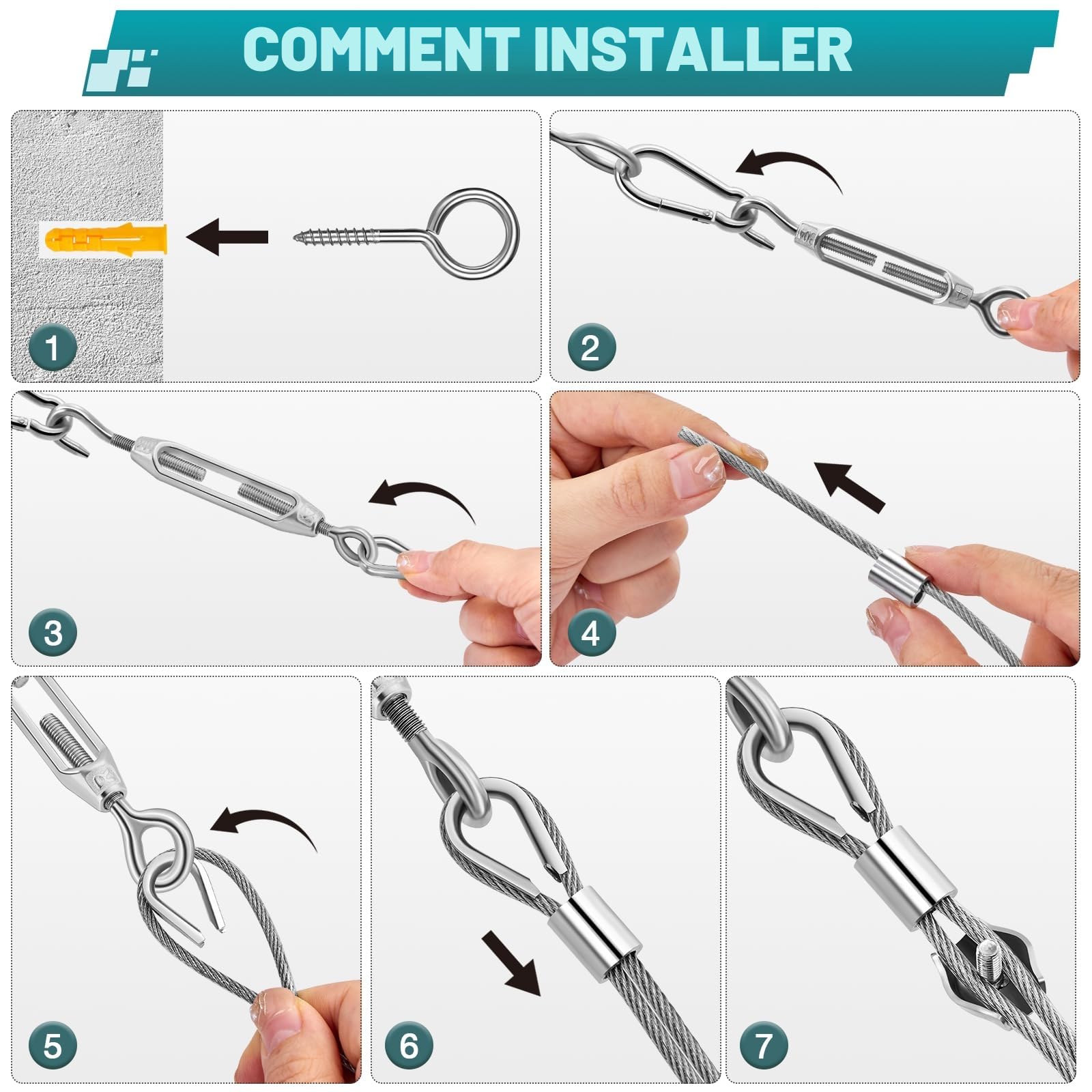 Câble en Acier Iinoxydable 3mm, 35m fil de fer de Jardin Enduit de PVC avec Tendeurs de fil de fer pour Plantes Grimpantes, Suspension de lumières Extérieures, Clôture, Sécurisation de l'ombre