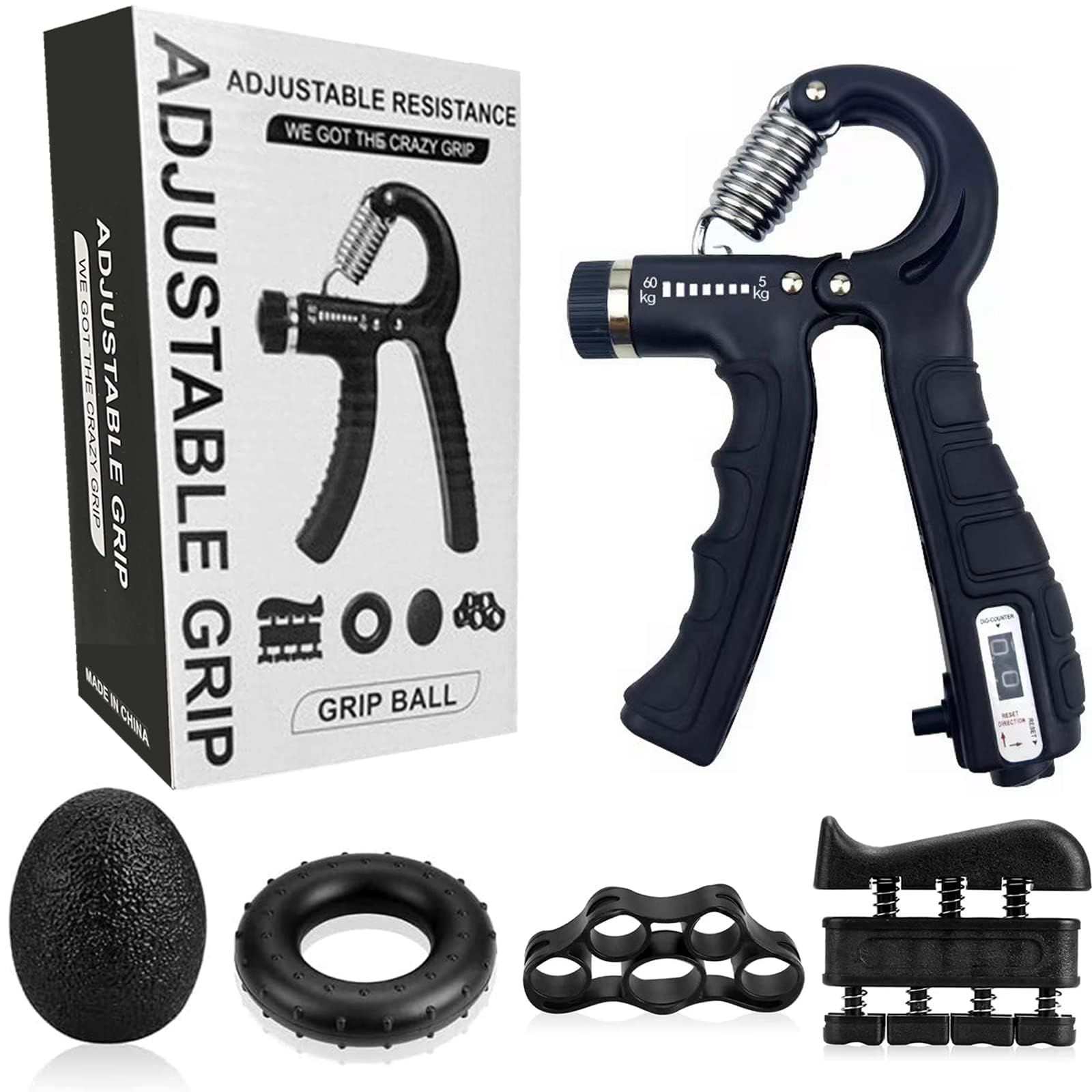 Hand Grip Strength Set with Counting Adjustable 11-132 lbs (5-60 KG) Grip, Five Finger Trainer, Egg Grip, Hand Grip Circle, Finger Strength and Storage Bag (5 pack)