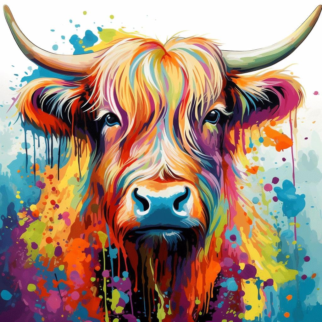 Wangxiao Frameless Paint By Numbers Kits For Adults,With Acrylic Paint Brushes,Diy Craft Oil Painting Art Kits For Home Wall Decor,40X40cm，Colorful Graffiti Highland Cow,