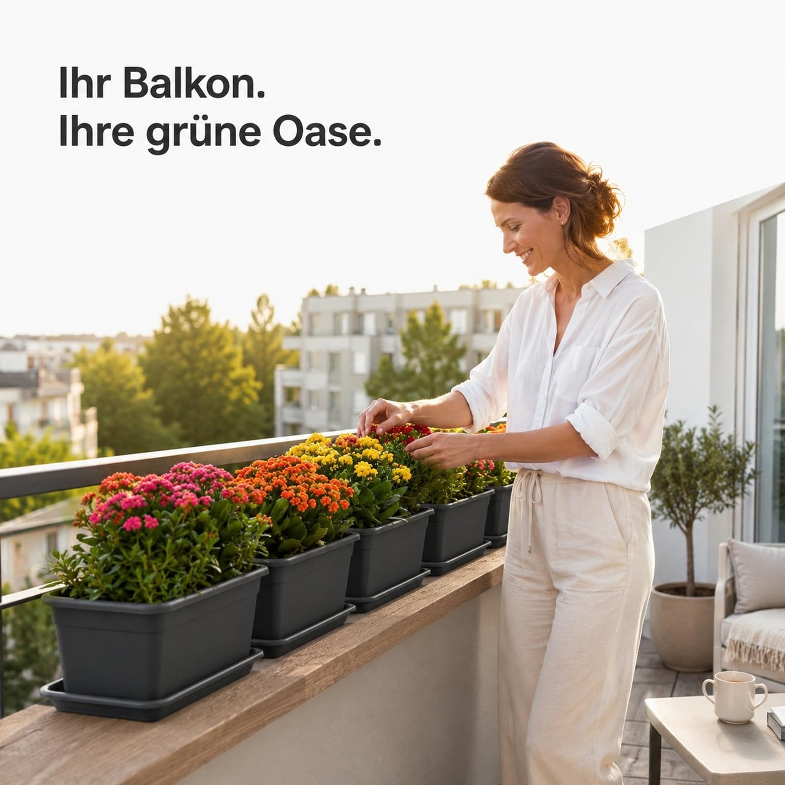 SUSTANIA Blumenkasten 80cm 4er Set mit Untersetzer – Balkon Blumenkasten Anthrazit, Balkonkasten Kunststoff UV-beständig, Blumenkästen für Balkongeländer & Fensterbank, Made in EU