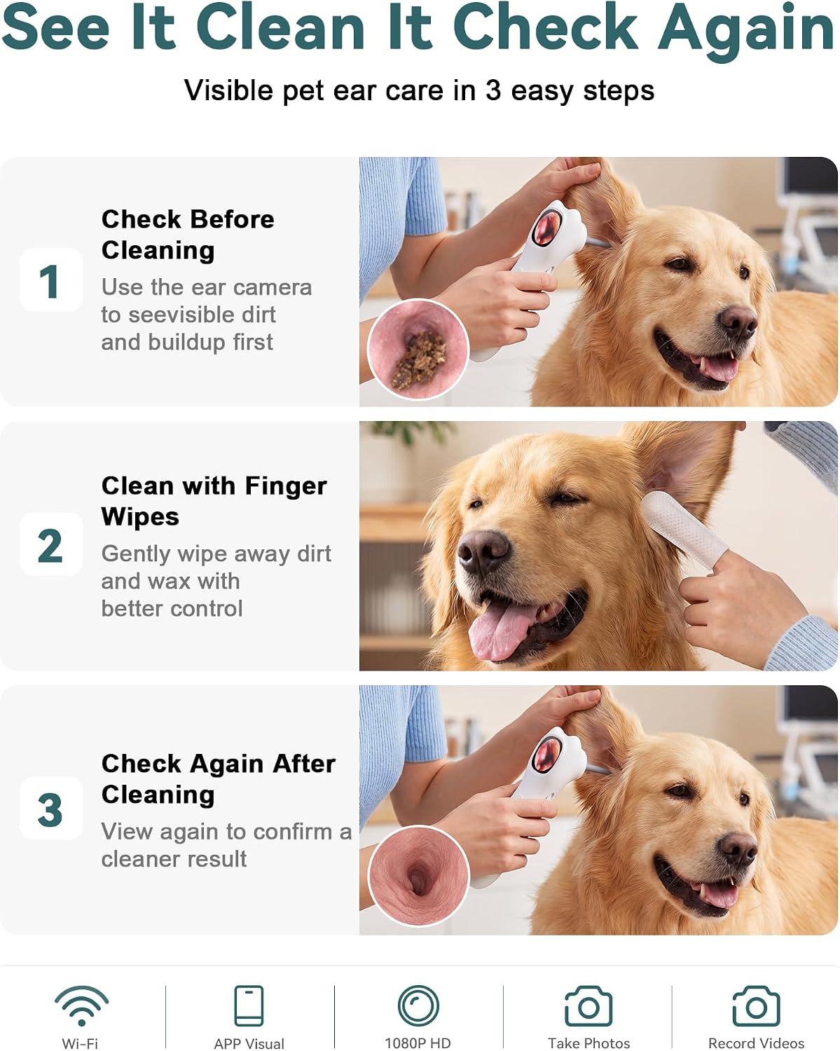 Otoscope for Dogs & Cats, Pet Ear Camera with Light & Dog Ear Wipes thumbnail