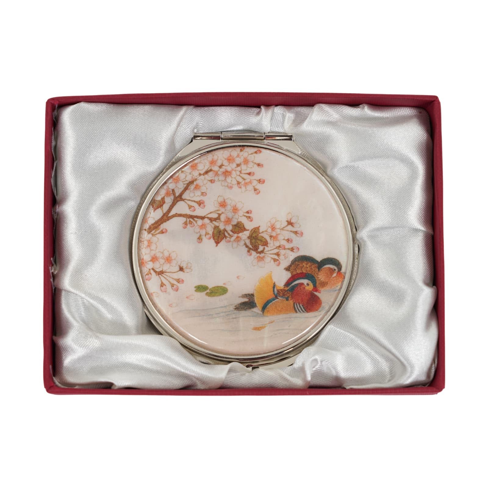 February Mountain Mother of Pearl Compact Mirror – Dual Magnification Gift for Women, Mom, Sister – Birthday or Christmas Idea (1, Mandarin Ducks)